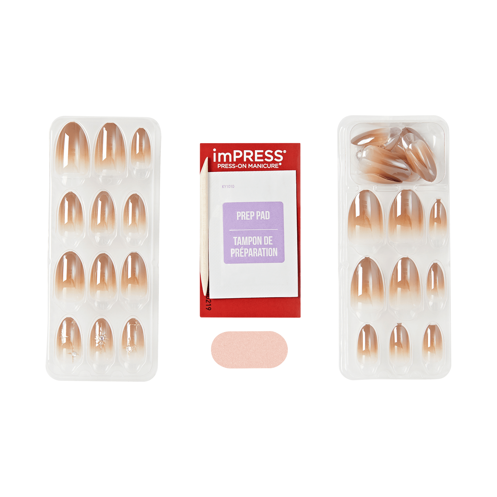 Impress Design No Glue Fake Press On Nails - Crisp | 3D &amp; Jewel Design, Brown, Medium, Almond, Manicure