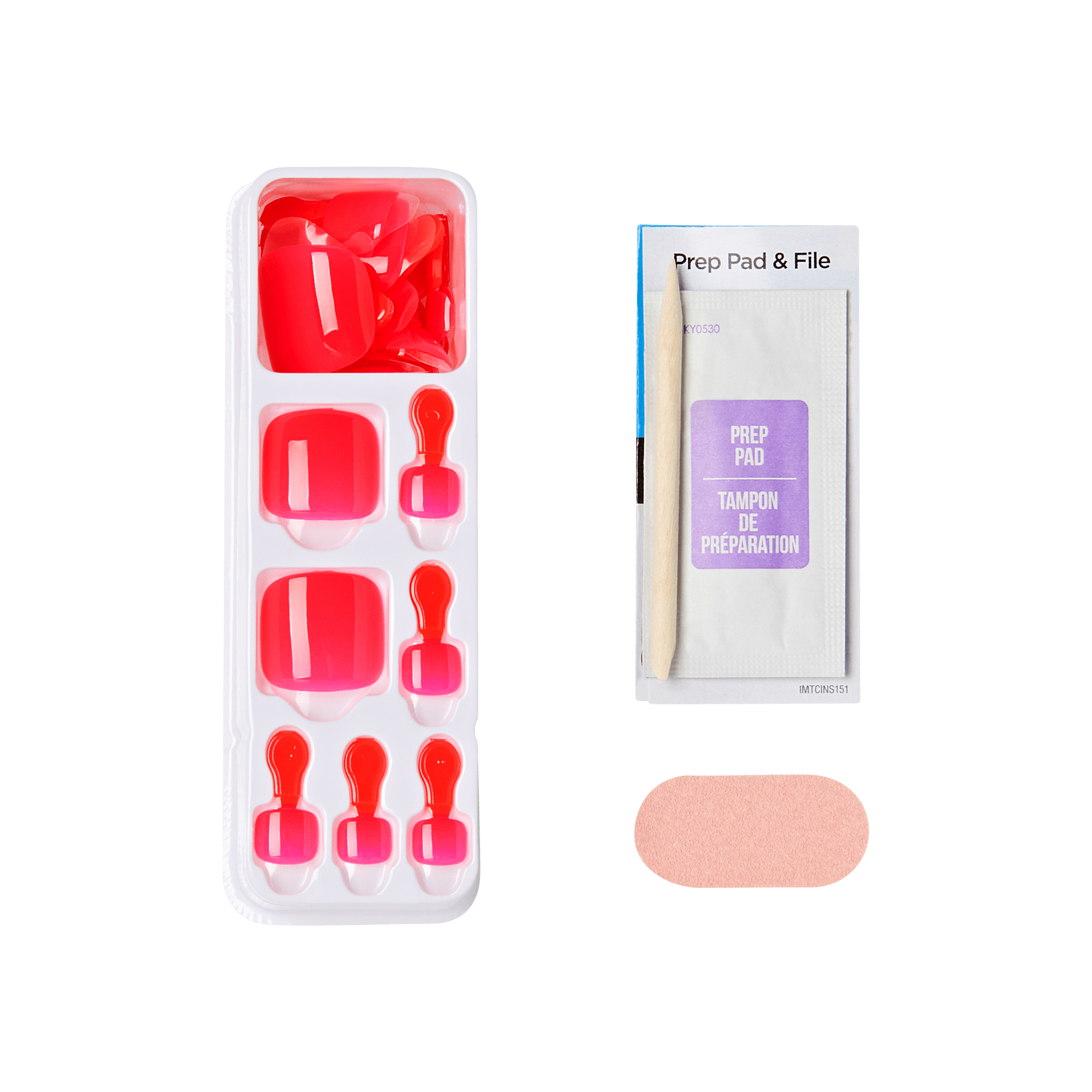 Set of red nail tips, a prep pad and file