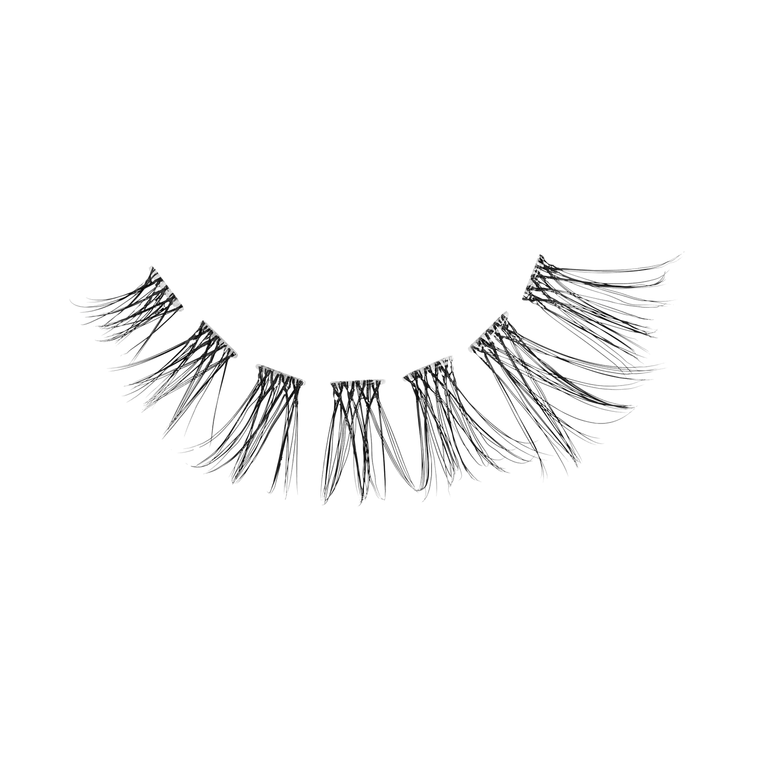 Pair of black false eyelashes with dramatic wispy strands on white background.