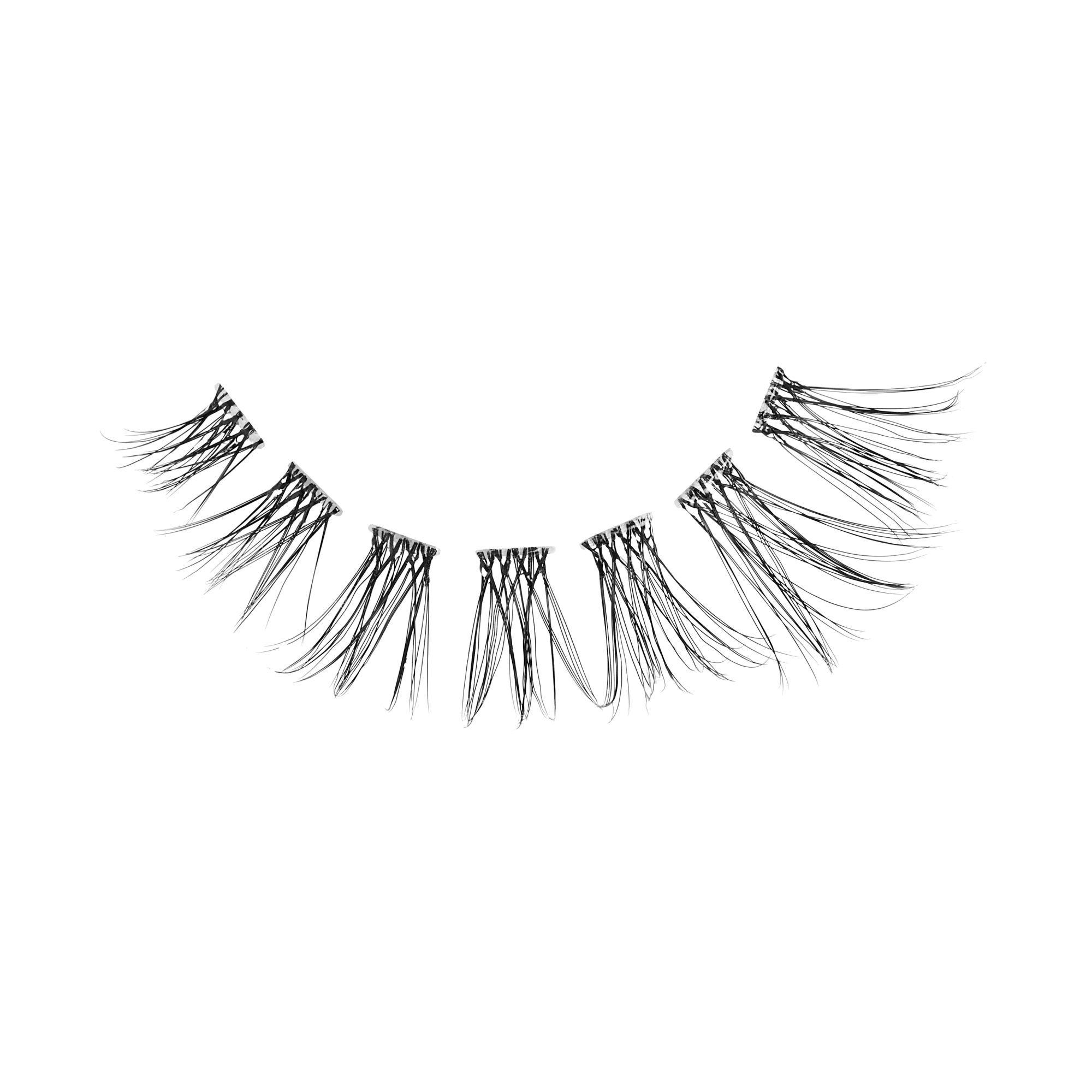 Pair of black false eyelashes with dramatic wispy strands on white background.