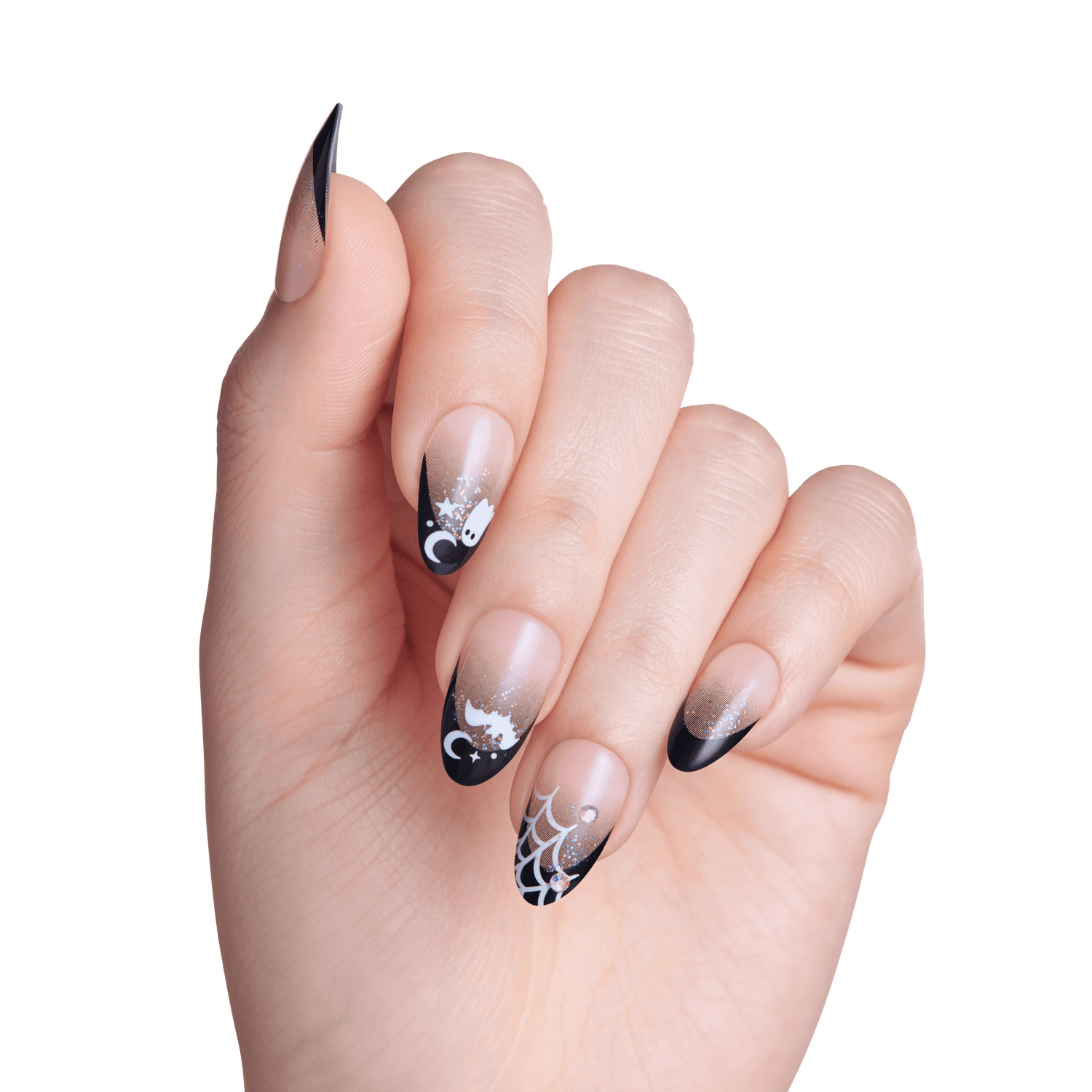 Impress Design Halloween No Glue Fake Press On Nails - Boo Proof | French Design, Black, Medium, Almond, Glow In The Dark, Manicure