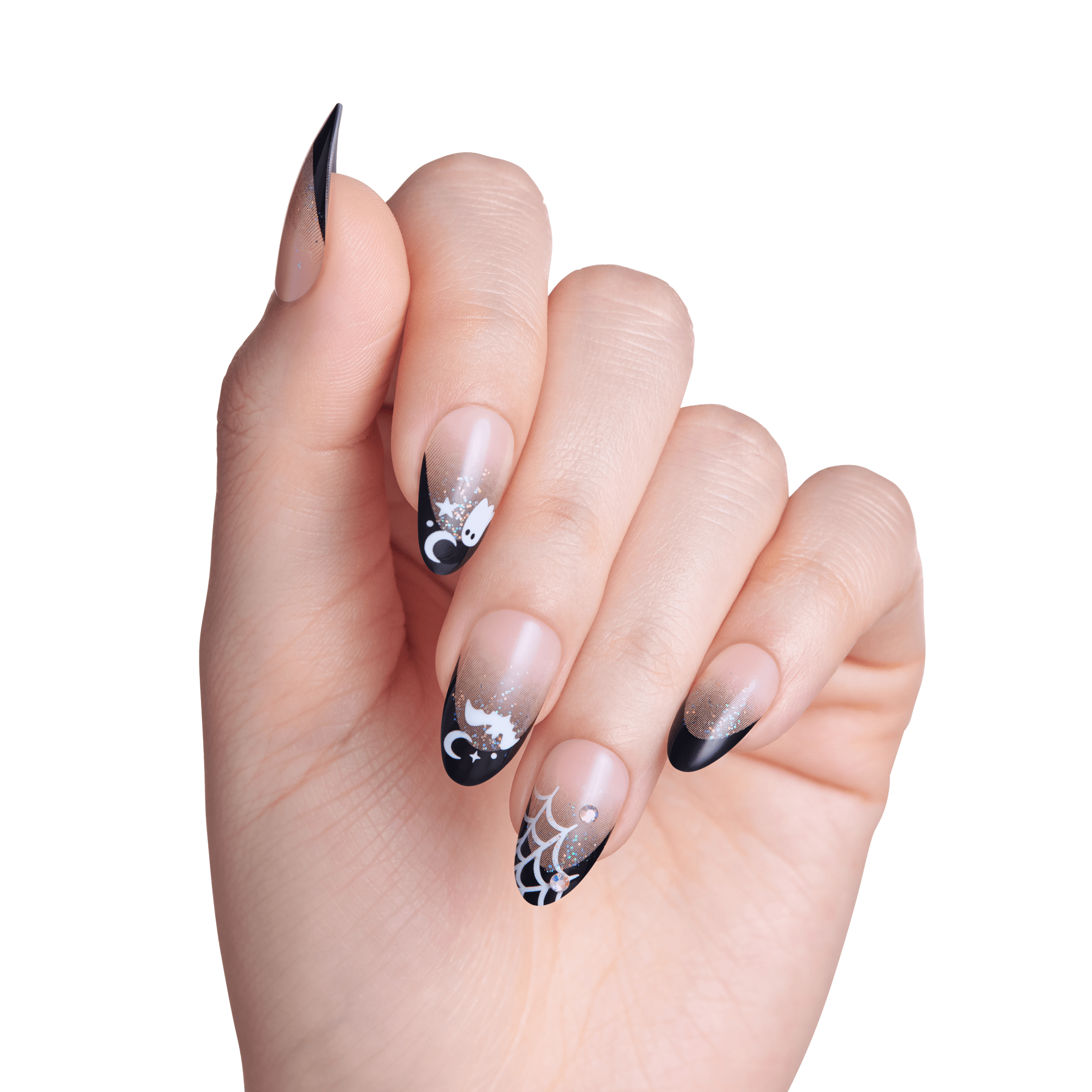 Impress Design Halloween No Glue Fake Press On Nails - Boo Proof | French Design, Black, Medium, Almond, Glow In The Dark, Manicure