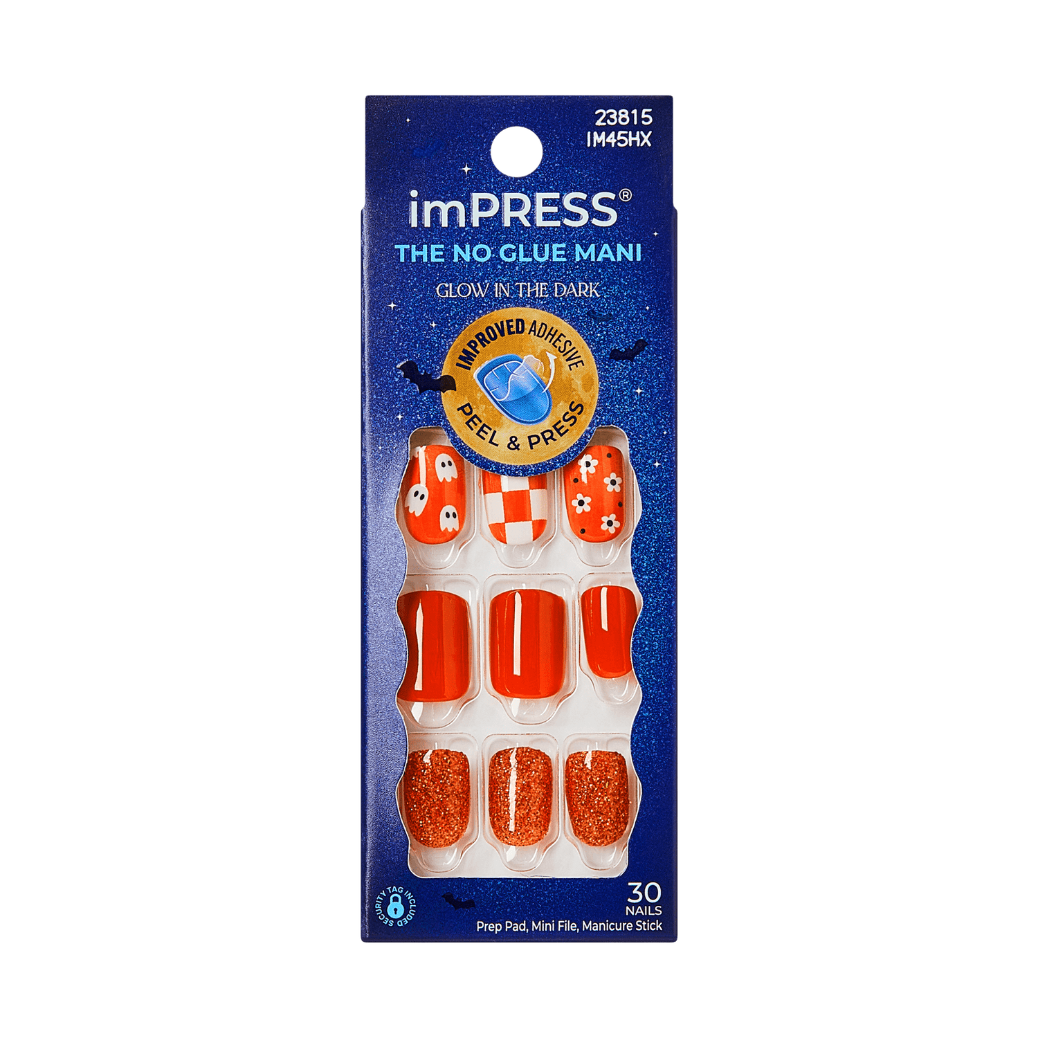 Impress Design Halloween No Glue Fake Press On Nails - Fangs Out | Design, Orange, Short, Squoval, Glow In The Dark, Manicure