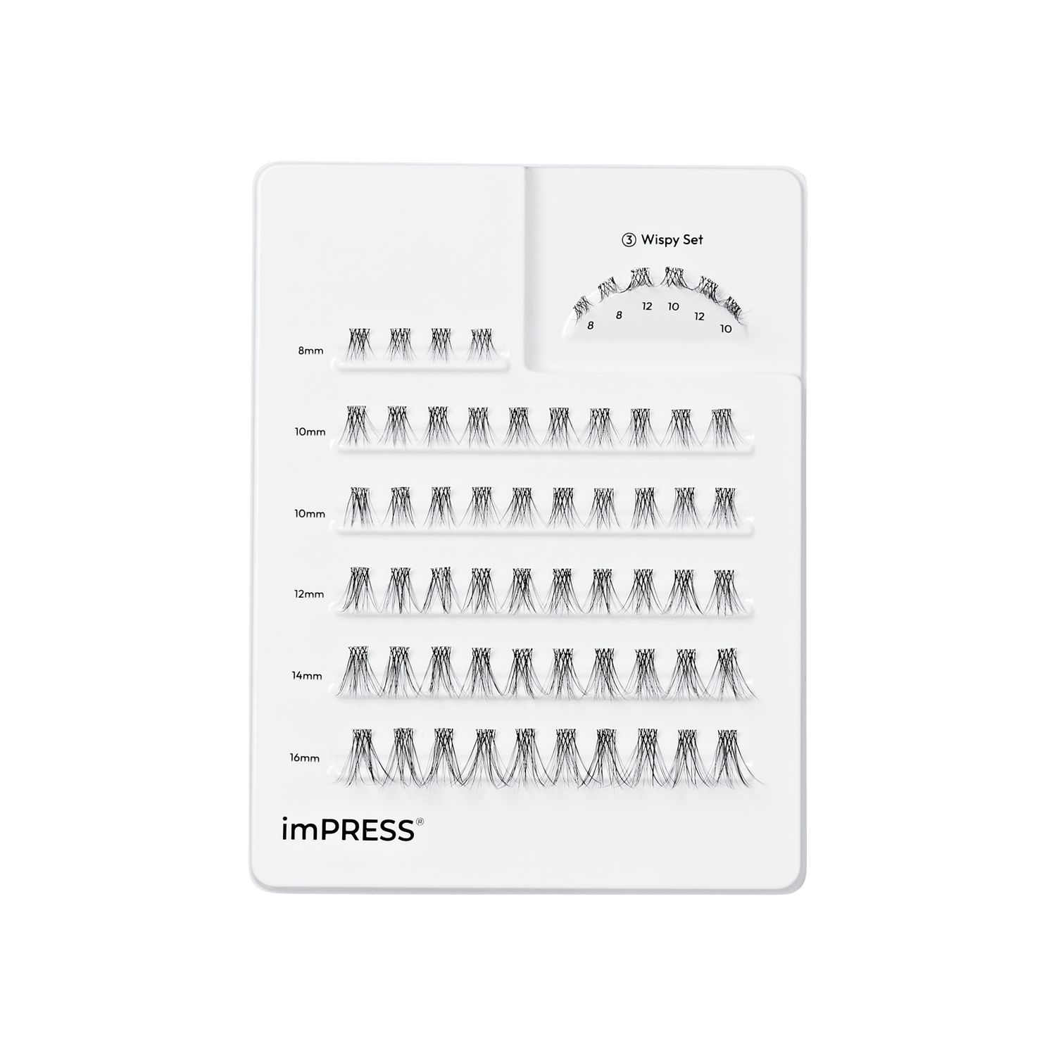 imPRESS Wispy Set lash samples in 8mm to 16mm lengths