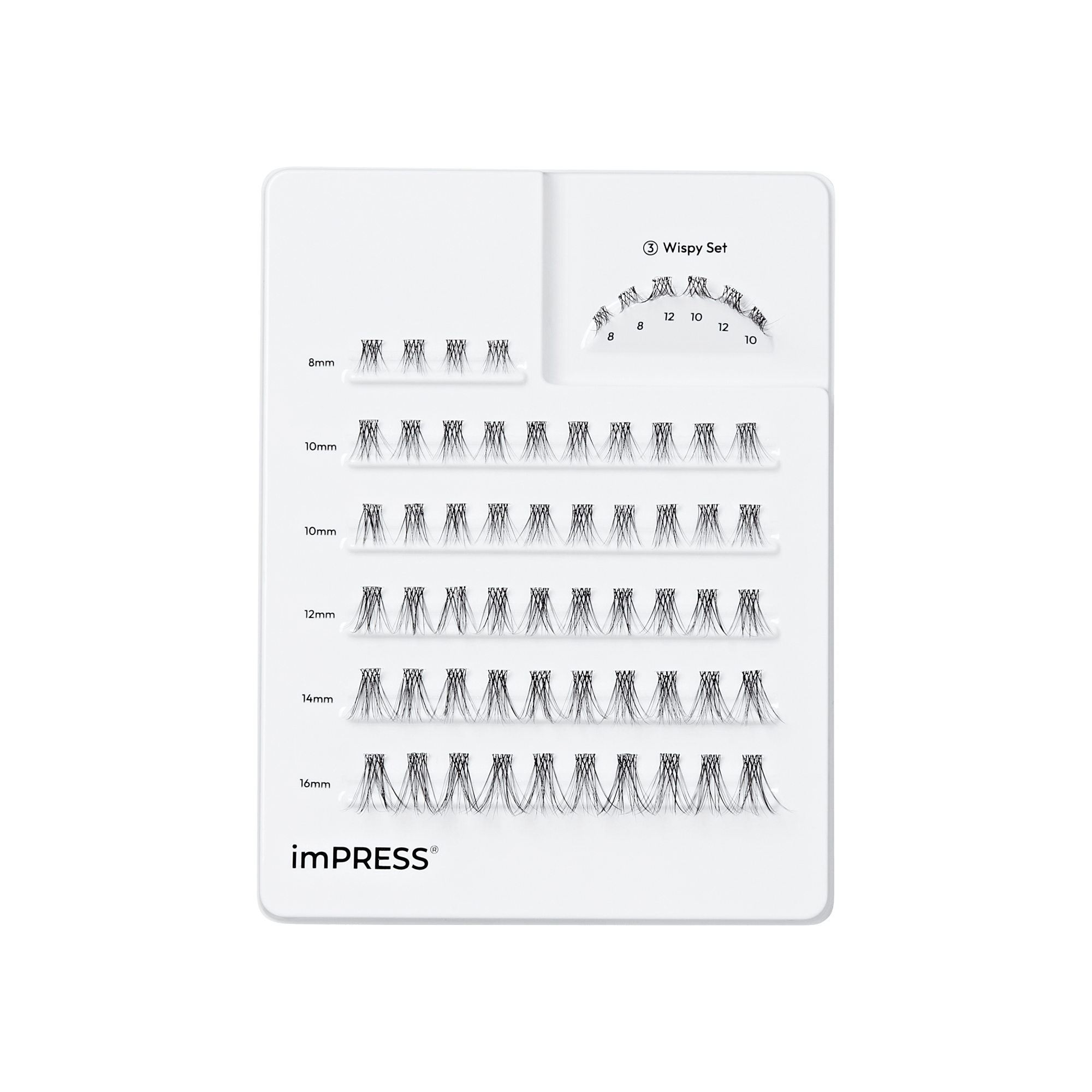 imPRESS Wispy Set lash samples in 8mm to 16mm lengths