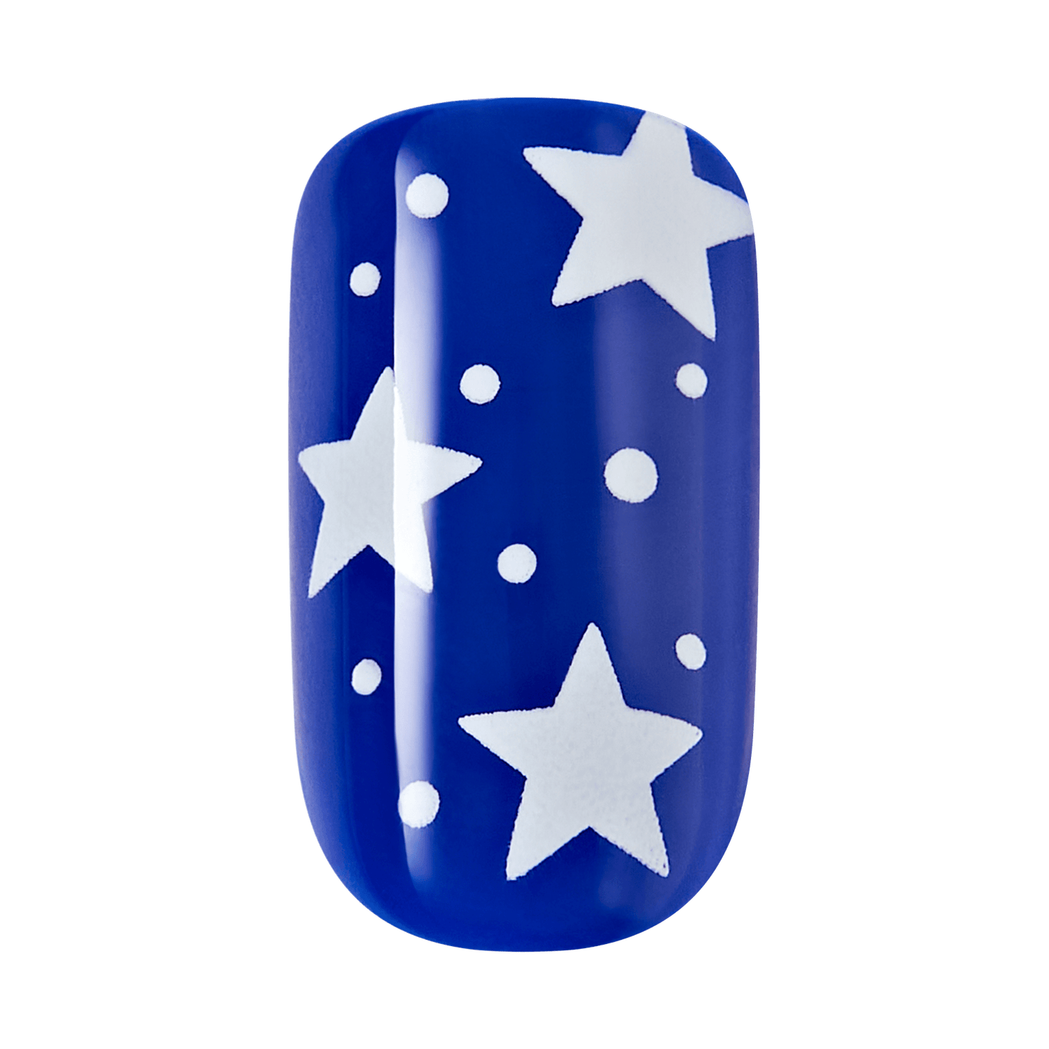 Blue nail polish with white star and dot design on a clear background