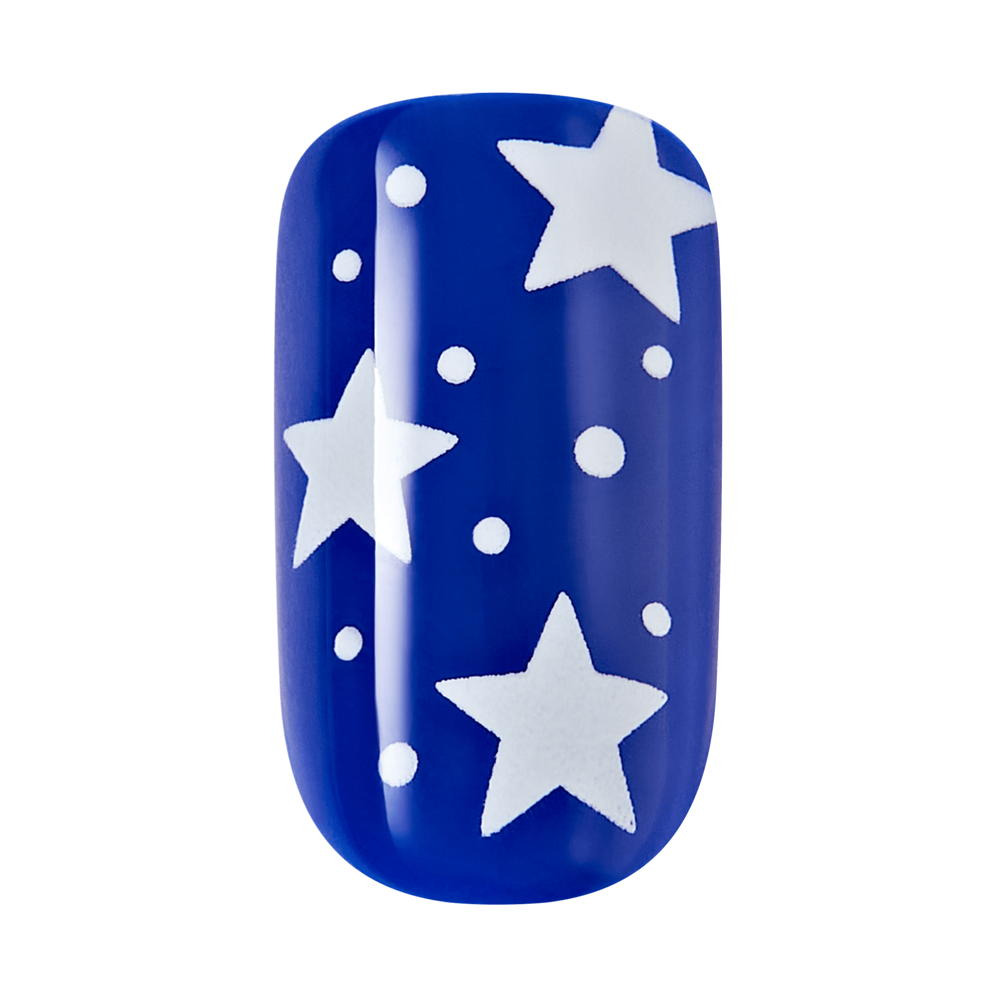 Blue nail polish with white star and dot design on a clear background
