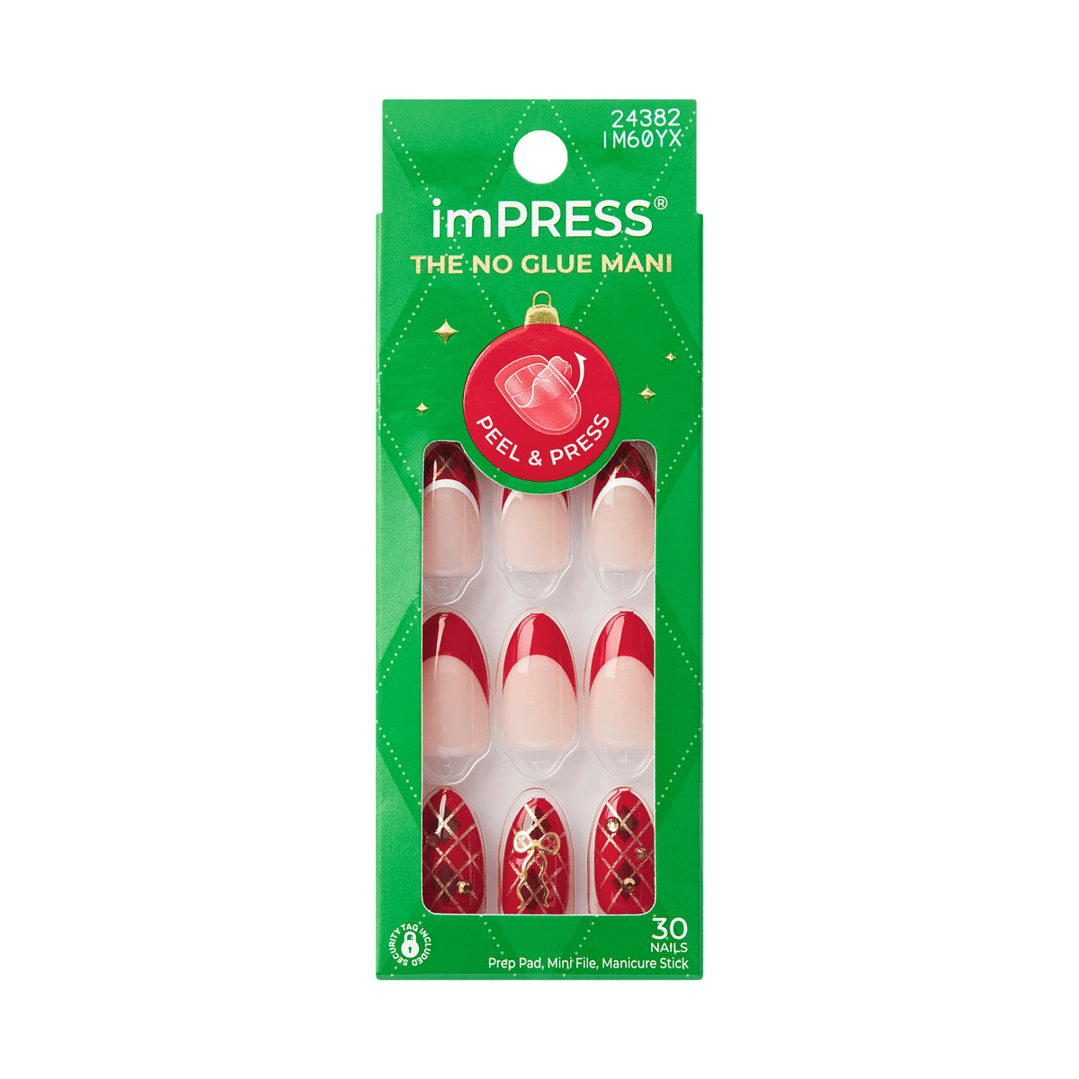 Impress Design Holiday No Glue Fake Press On Nails - Holly | French Design, Red, Medium, Almond, Manicure