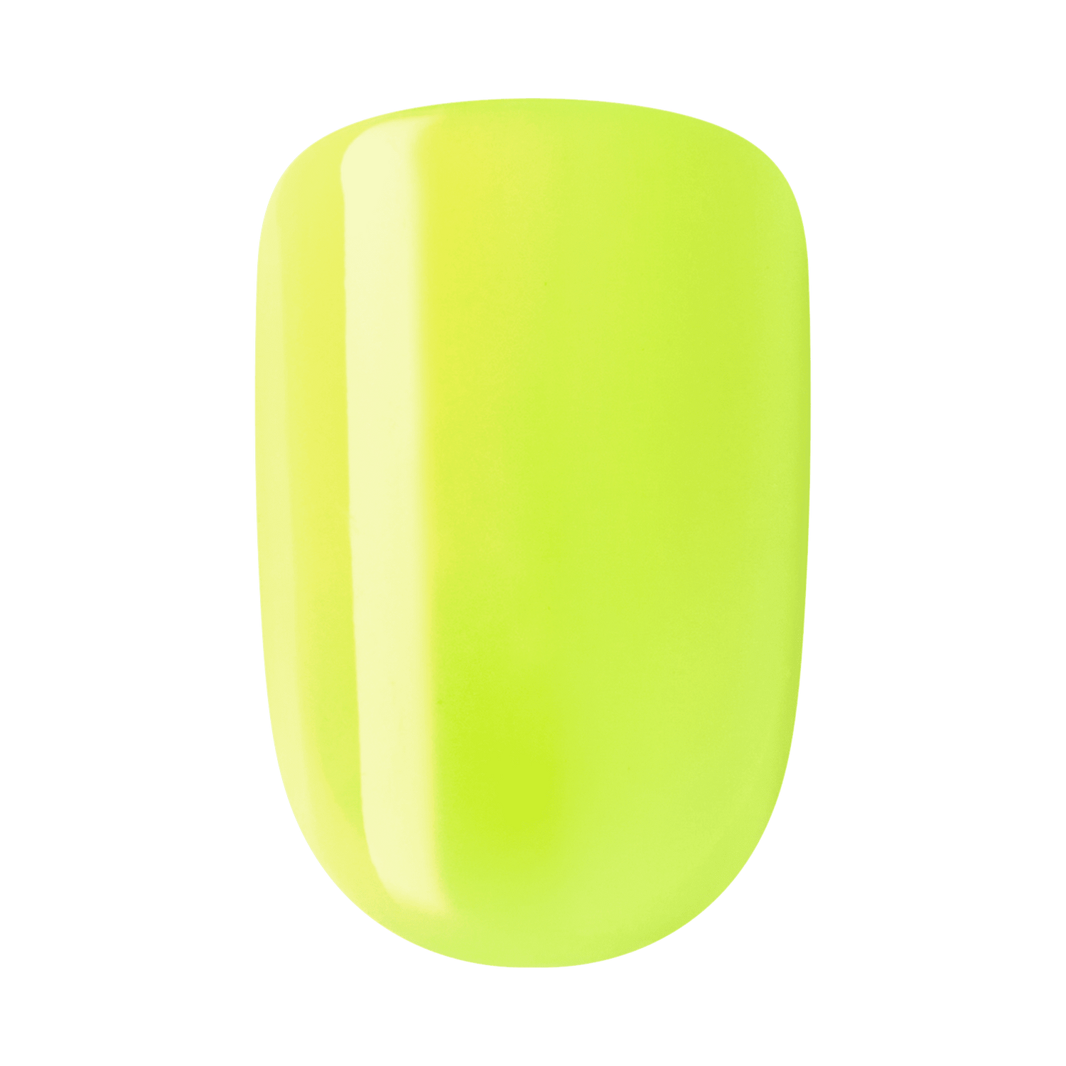 The image shows a close-up of a single artificial nail painted in a bright, neon yellow color. The nail has a smooth, glossy finish, reflecting light to give it a shiny appearance. The shape of the nail is slightly rounded at the top and tapers gently towards the base. The vibrant color and polished surface make the nail stand out prominently.