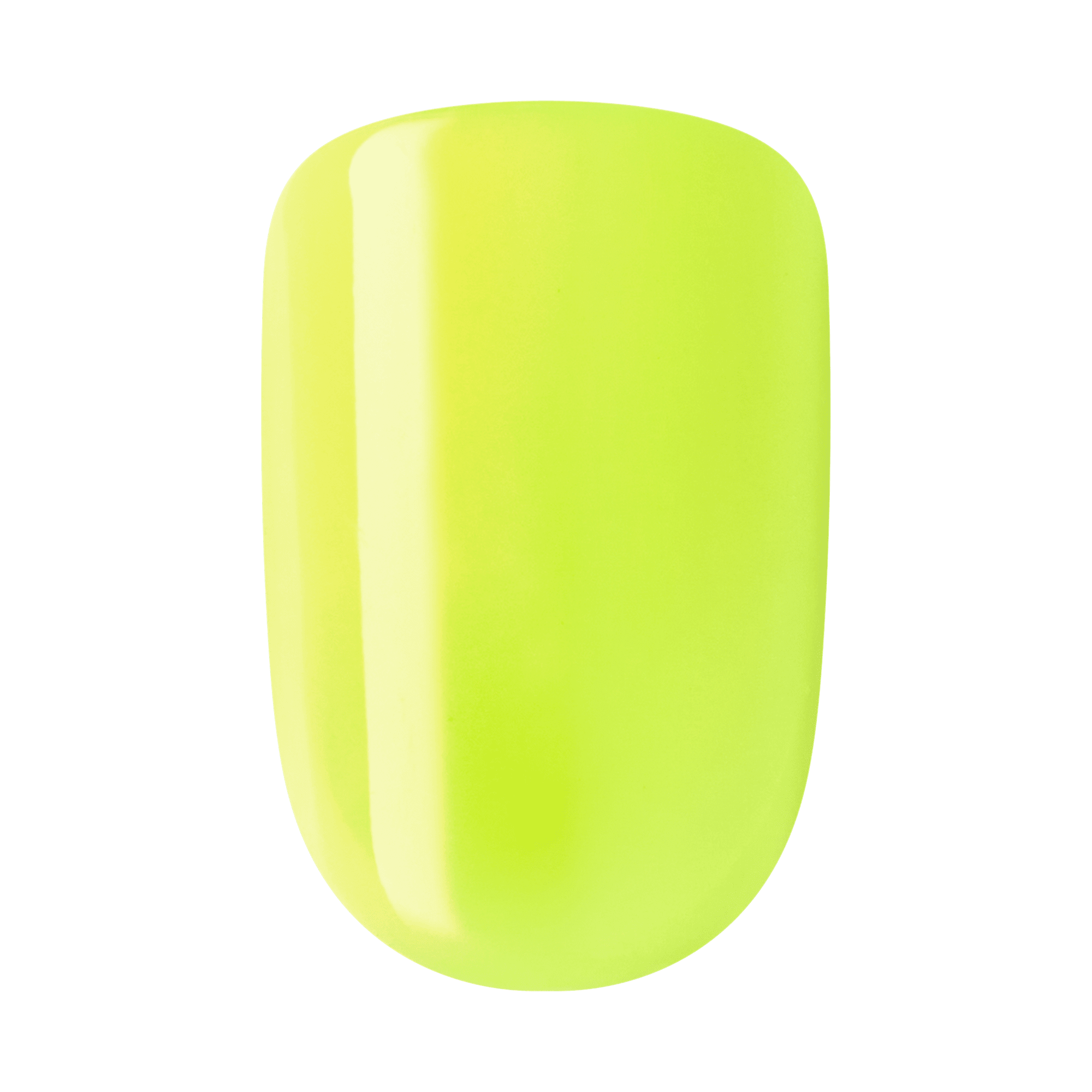 The image shows a close-up of a single artificial nail painted in a bright, neon yellow color. The nail has a smooth, glossy finish, reflecting light to give it a shiny appearance. The shape of the nail is slightly rounded at the top and tapers gently towards the base. The vibrant color and polished surface make the nail stand out prominently.