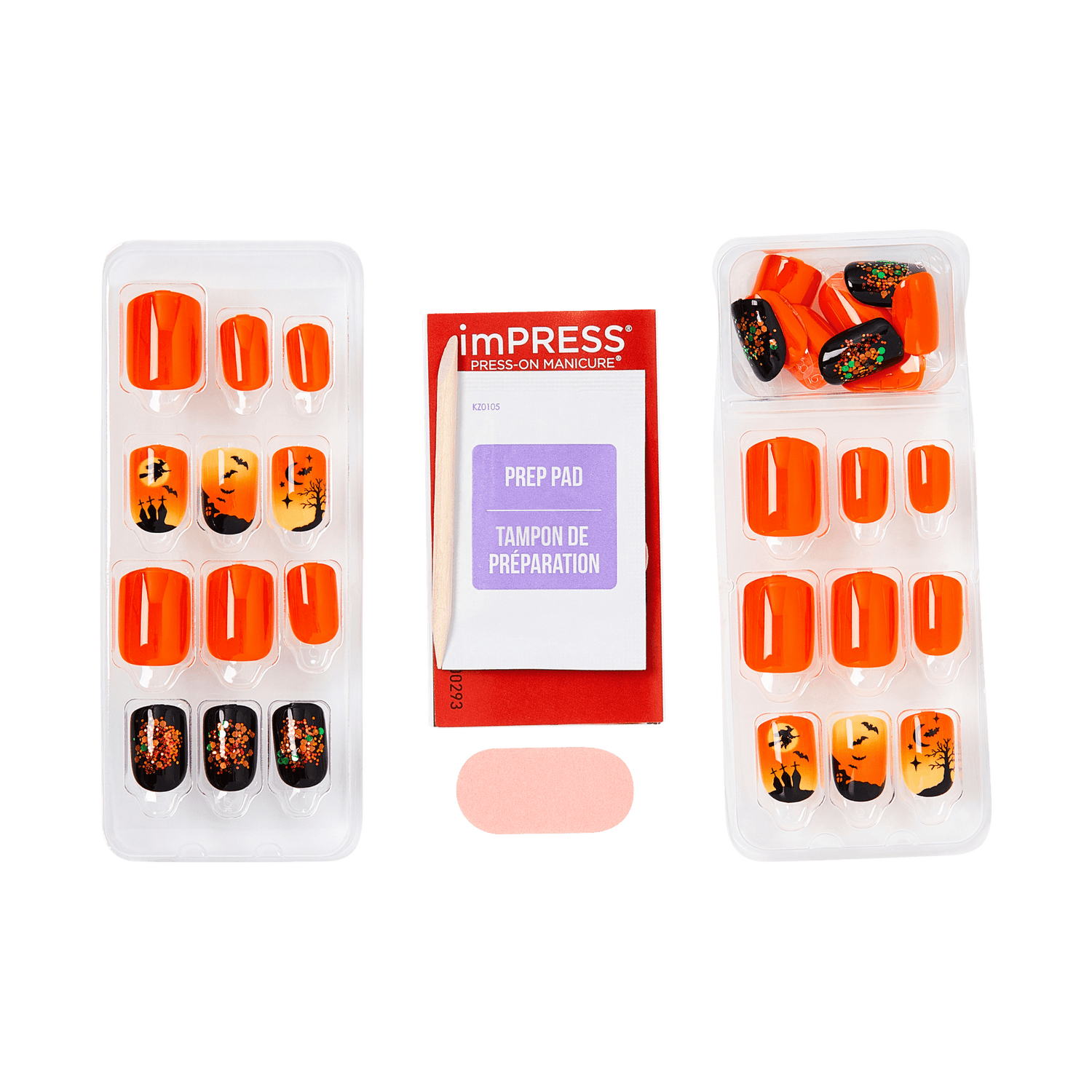 Impress Design Halloween No Glue Fake Press On Nails - Eternal Night | Design, Orange &amp; Black, Short, Squoval, Glow In The Dark, Manicure
