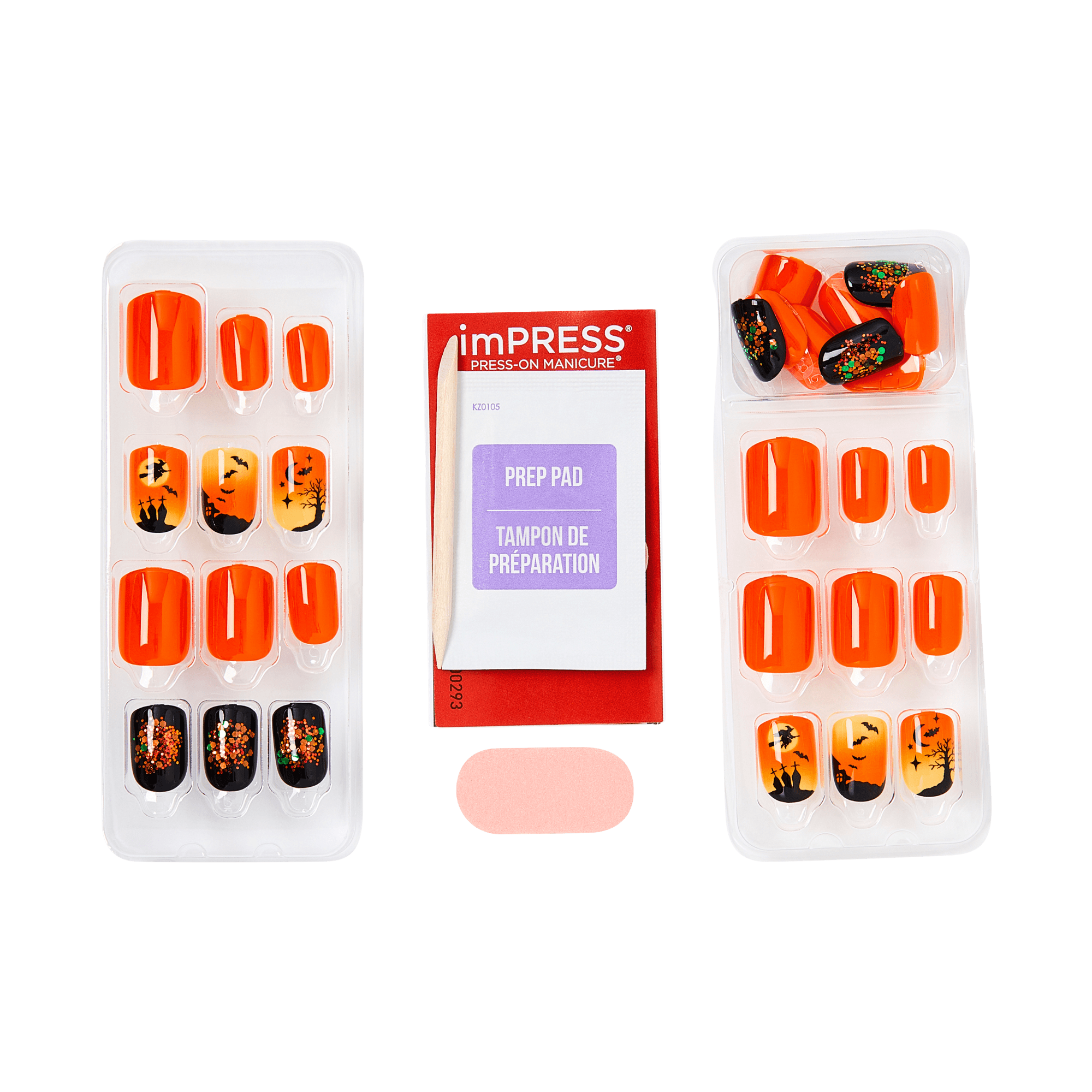 Impress Design Halloween No Glue Fake Press On Nails - Eternal Night | Design, Orange &amp; Black, Short, Squoval, Glow In The Dark, Manicure
