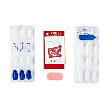 The image shows a set of press-on manicure nails from the brand "imPRESS." The set includes two trays of artificial nails, a prep pad, and a small pink nail file. The nails come in various sizes and designs, including plain white, white with blue and pink swirls, and solid blue. The prep pad is labeled "STEP 1" and has instructions to not miss this step. The nail file is rectangular and pink in color.