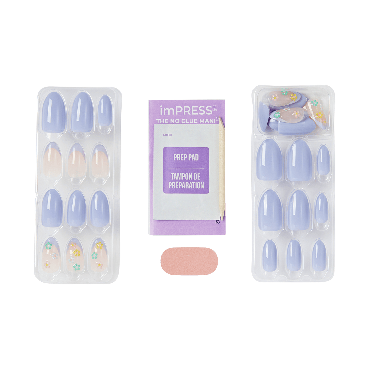 imPRESS press-on nails set with prep pad and application accessories in blue and nude shades.