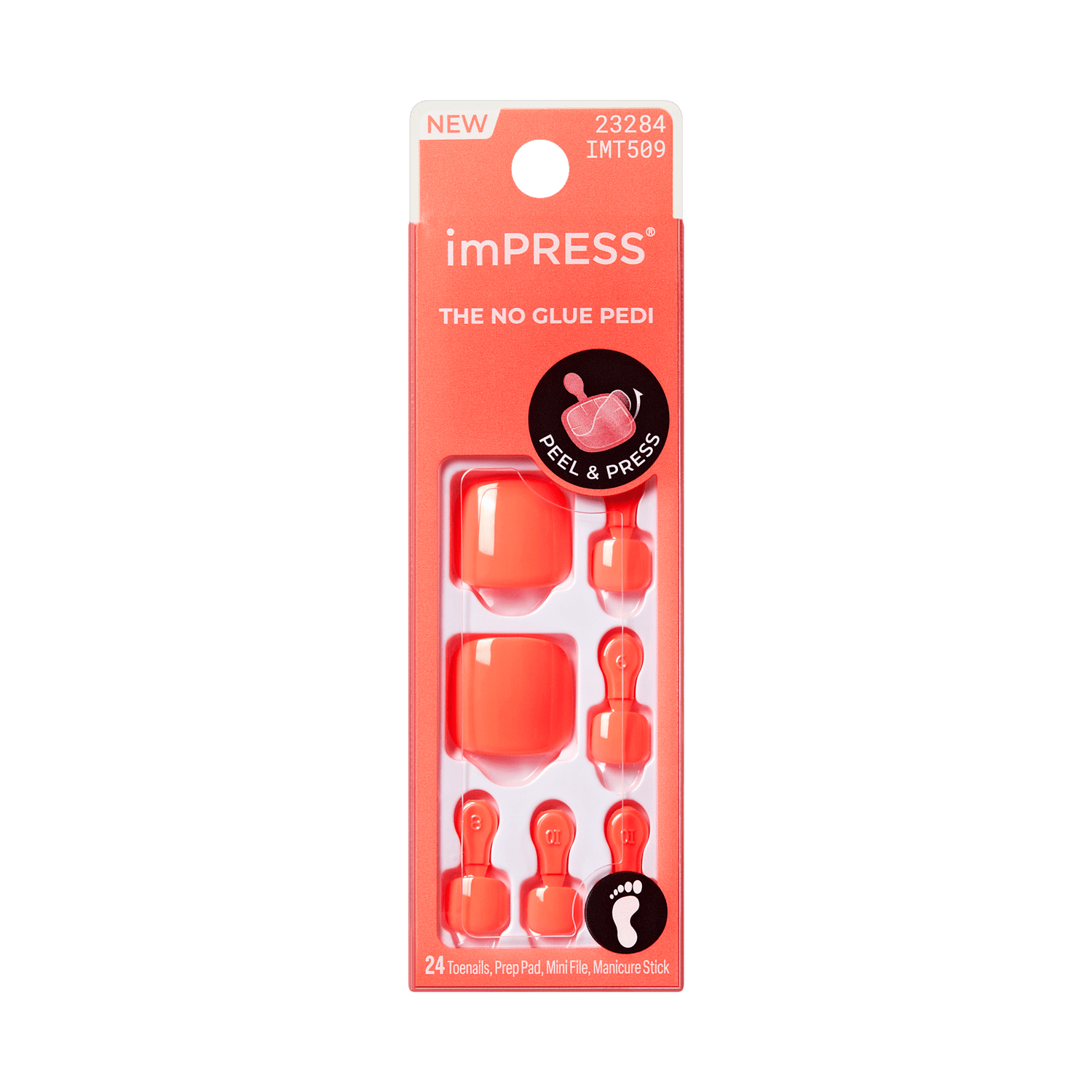 imPRESS THE NO GLUE PEDI press-on nails in red, 24-piece set