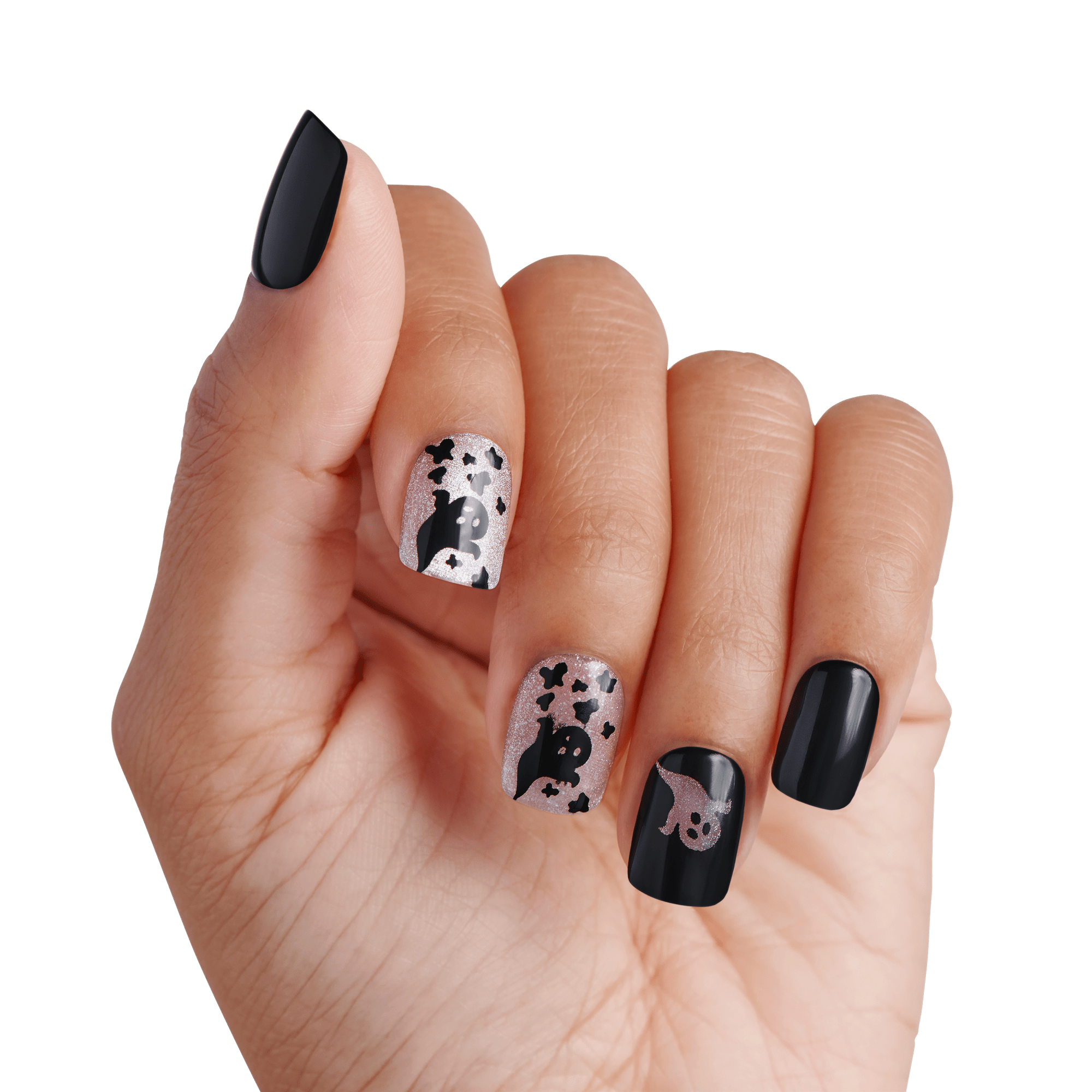 Impress Design Halloween No Glue Fake Press On Nails - Haunt Me | Design, Black, Short, Squoval, Glow In The Dark, Manicure