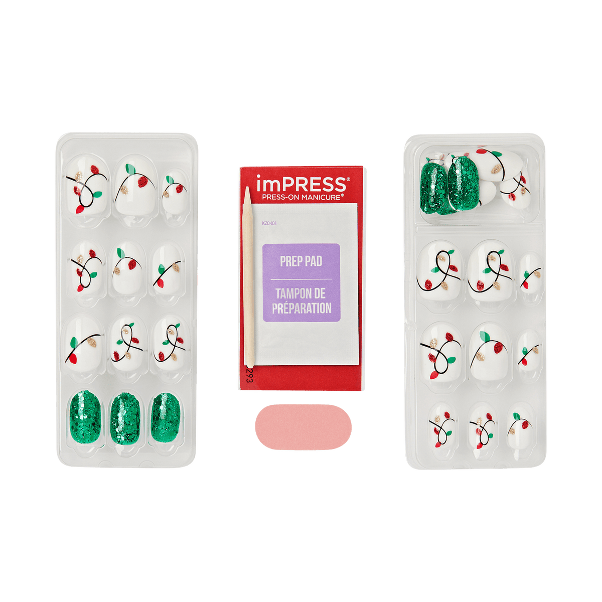 Impress Design Holiday No Glue Fake Press On Nails - Golden Carol | Design, Green &amp; White, Short, Oval, Manicure