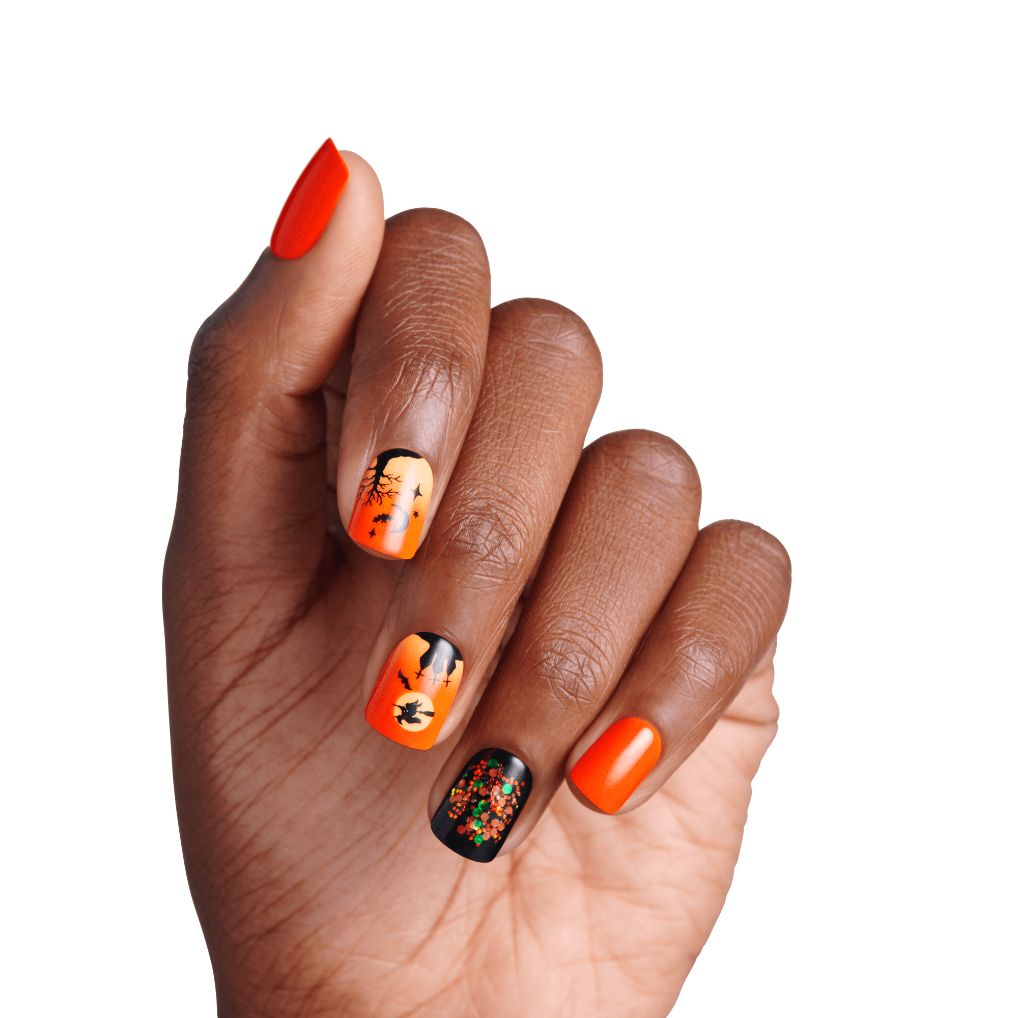 Impress Design Halloween No Glue Fake Press On Nails - Eternal Night | Design, Orange &amp; Black, Short, Squoval, Glow In The Dark, Manicure