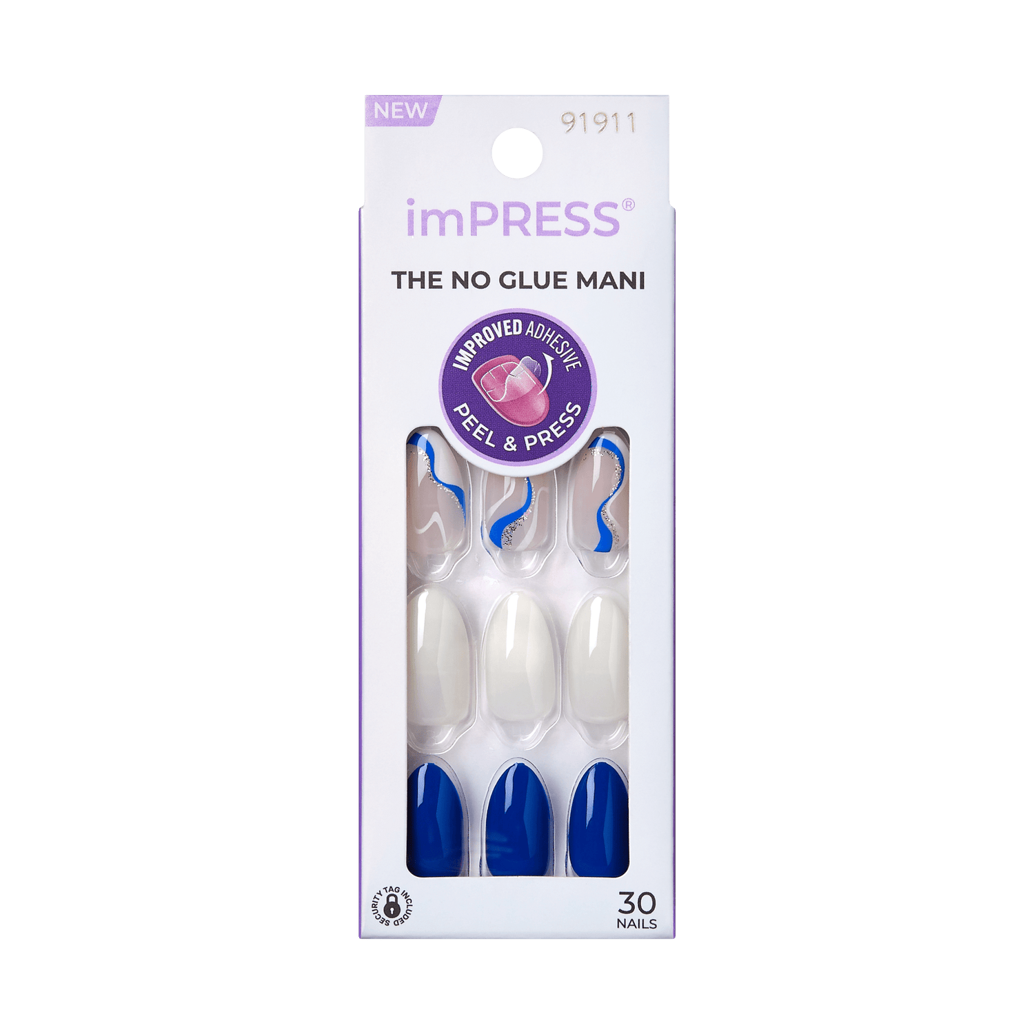 imPRESS The No Glue Mani press-on nails with blue and white design, 30 count.