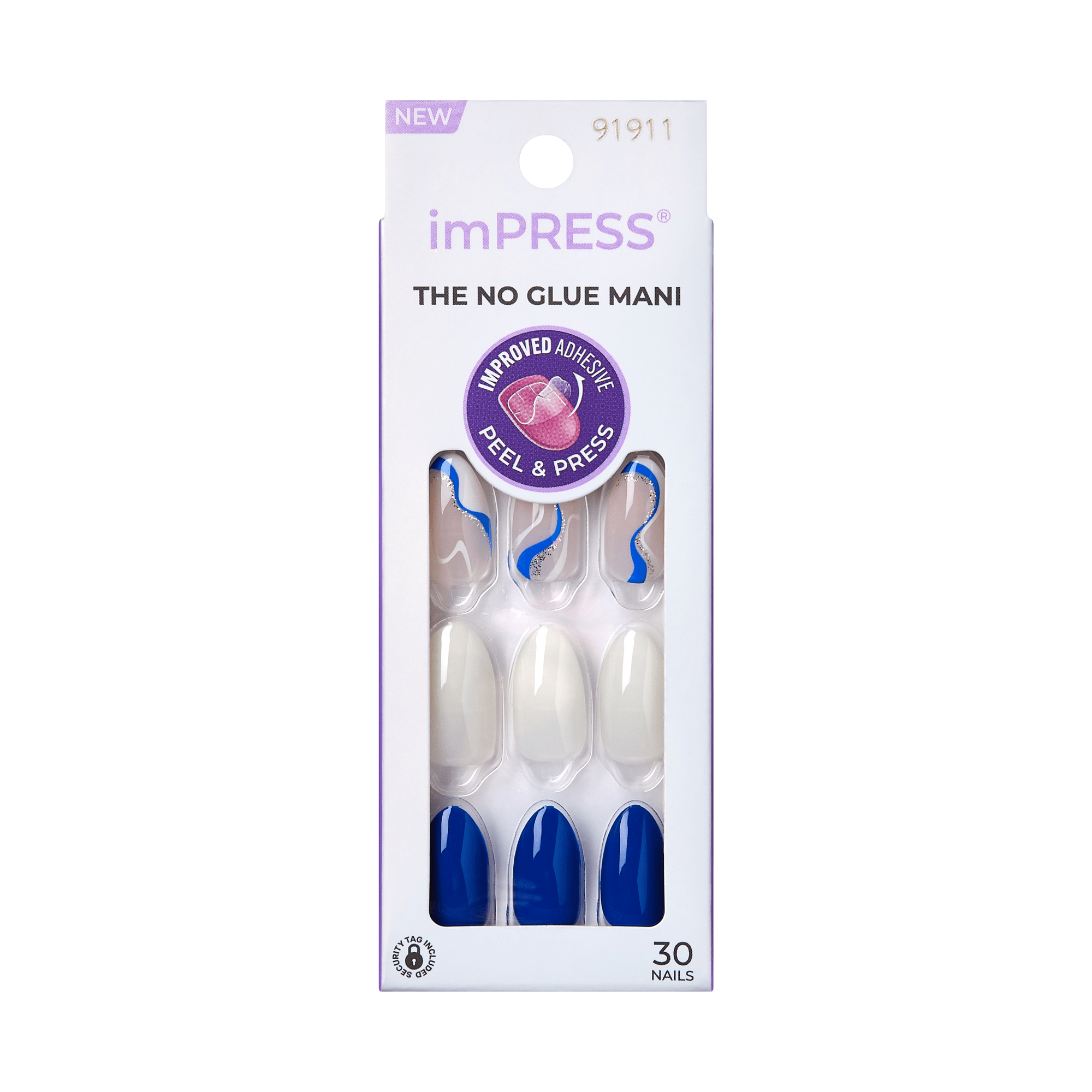 imPRESS The No Glue Mani press-on nails with blue and white design, 30 count.