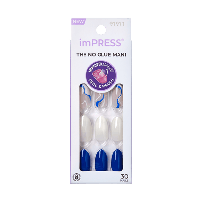 imPRESS The No Glue Mani press-on nails with blue and white design, 30 count.