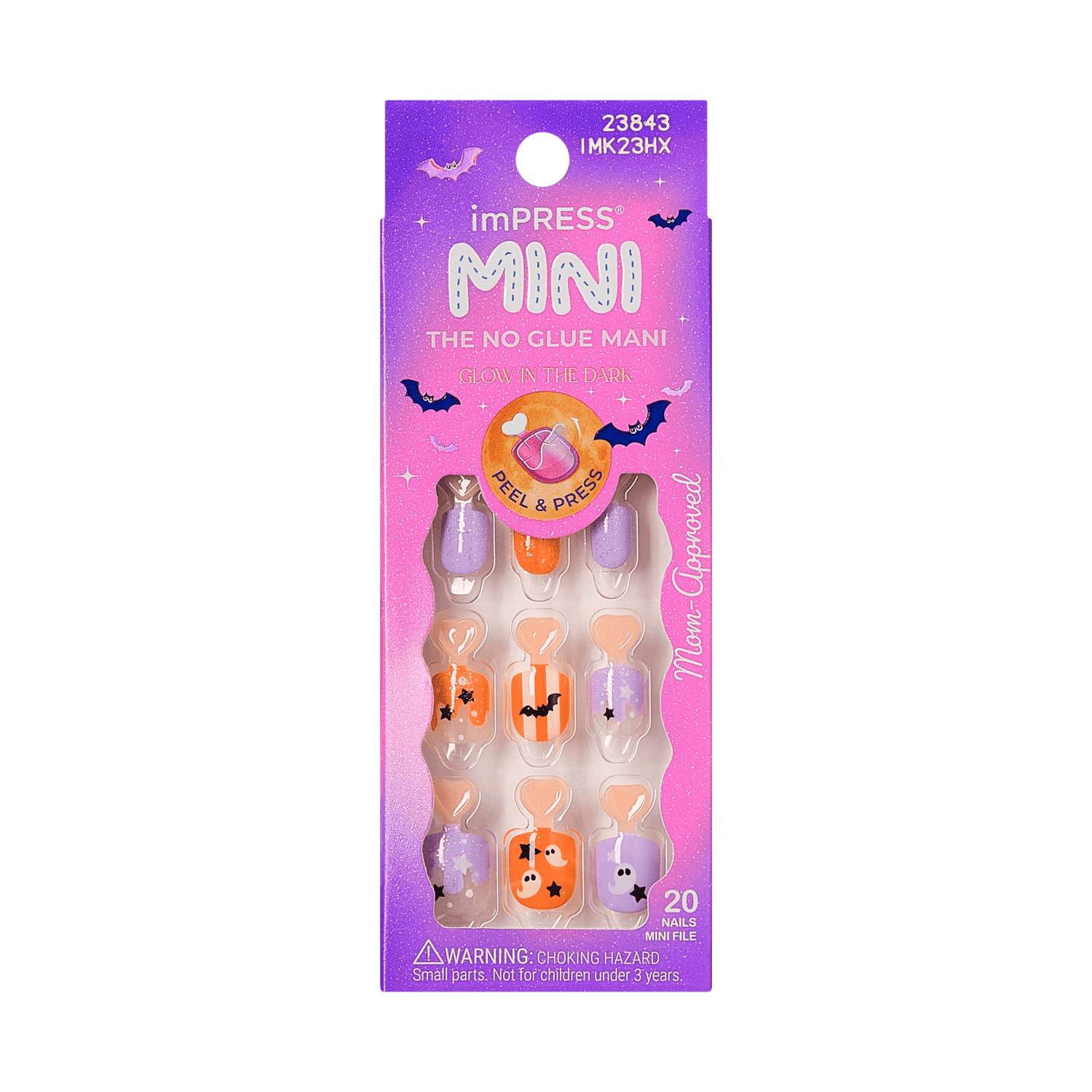 Impress Kids Halloween No Glue Fake Press On Nails - Boo! | Design, Purple &amp; Orange, Kids, Squoval, Glow In The Dark, Manicure
