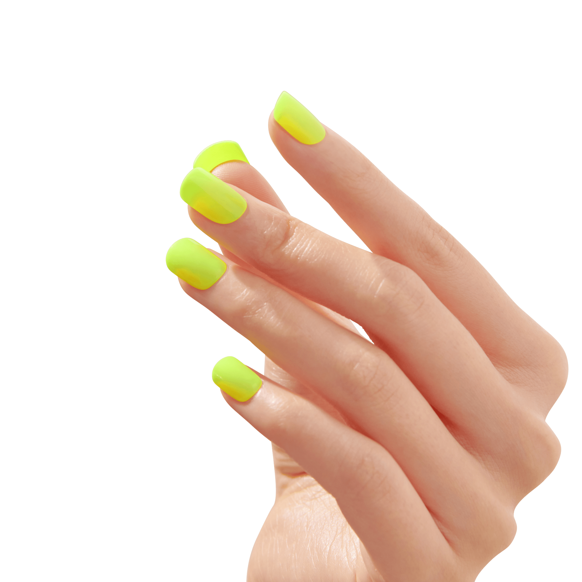 The image shows a close-up of a hand with neatly manicured nails. The nails are painted in a bright, neon yellow color. The background is blurred and neutral, allowing the vibrant nail color to stand out prominently. The hand is positioned with fingers slightly spread, showcasing the nail polish effectively.