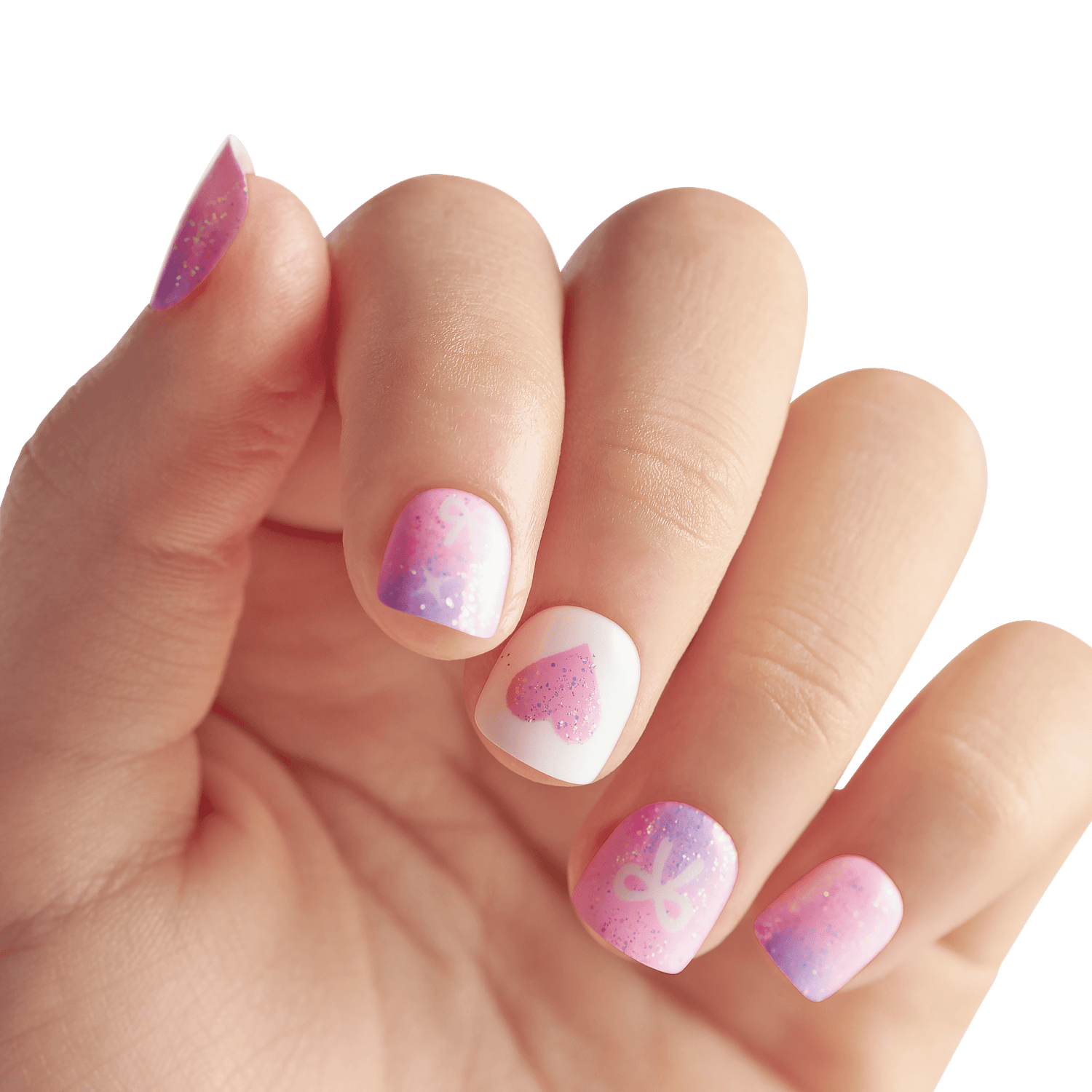 Manicured nails with pink and purple watercolor nail art design.