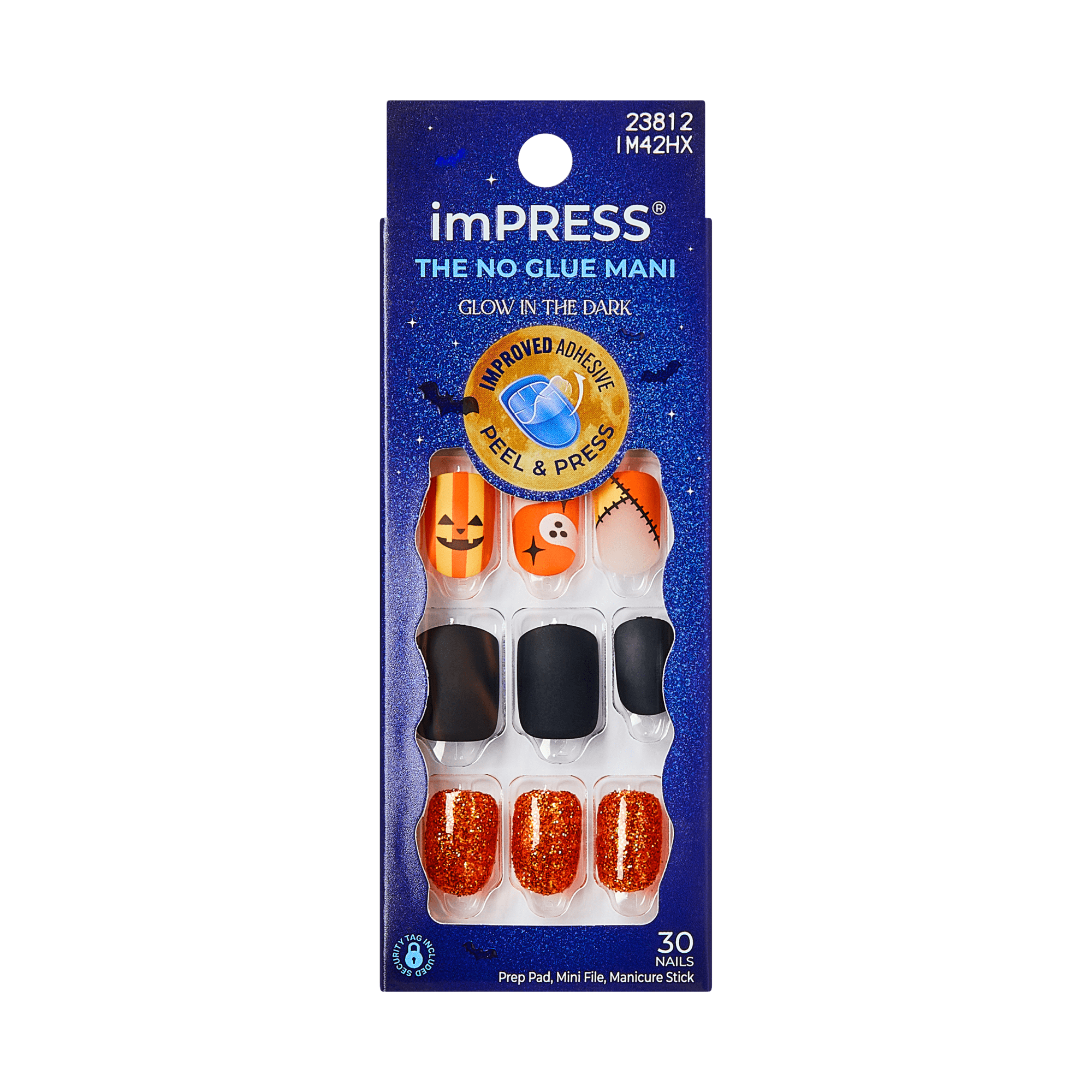 Impress Design Halloween No Glue Fake Press On Nails - Dead Glam | Design, Orange &amp; Black, Short, Squoval, Glow In The Dark, Manicure