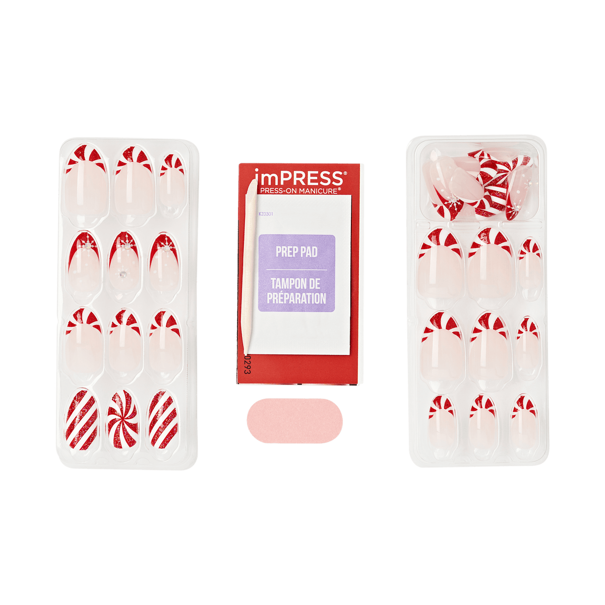 Impress Design Holiday No Glue Fake Press On Nails - Jingle Glow | French Design, Red &amp; White, Medium, Almond, Manicure