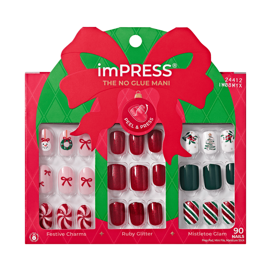 Impress Design Holiday No Glue Fake Press On Nails - Merry Muse Gift Set | Design, Multicolor, Short, Squoval, 3 Manicure Sets Included