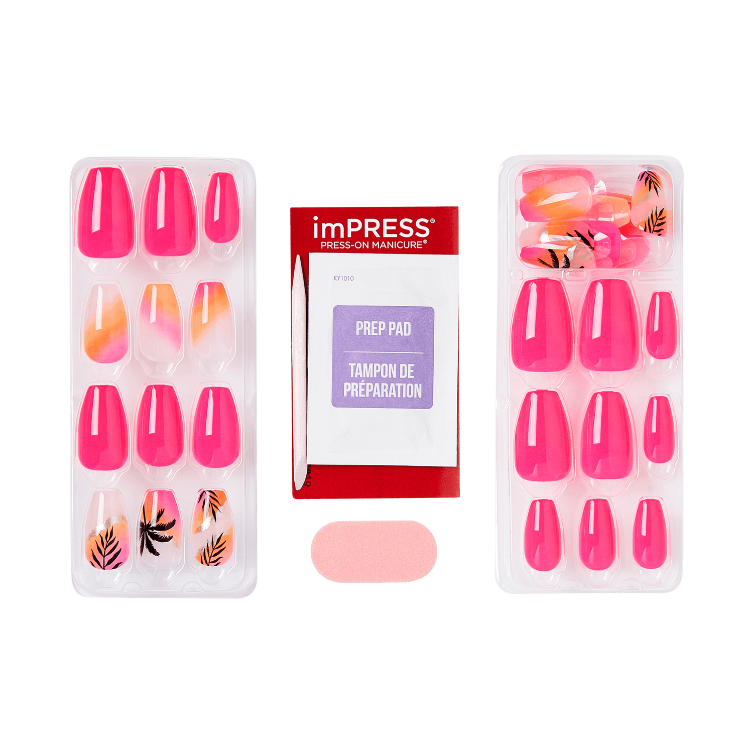 Packaged press-on nails with a preparation pad and file
