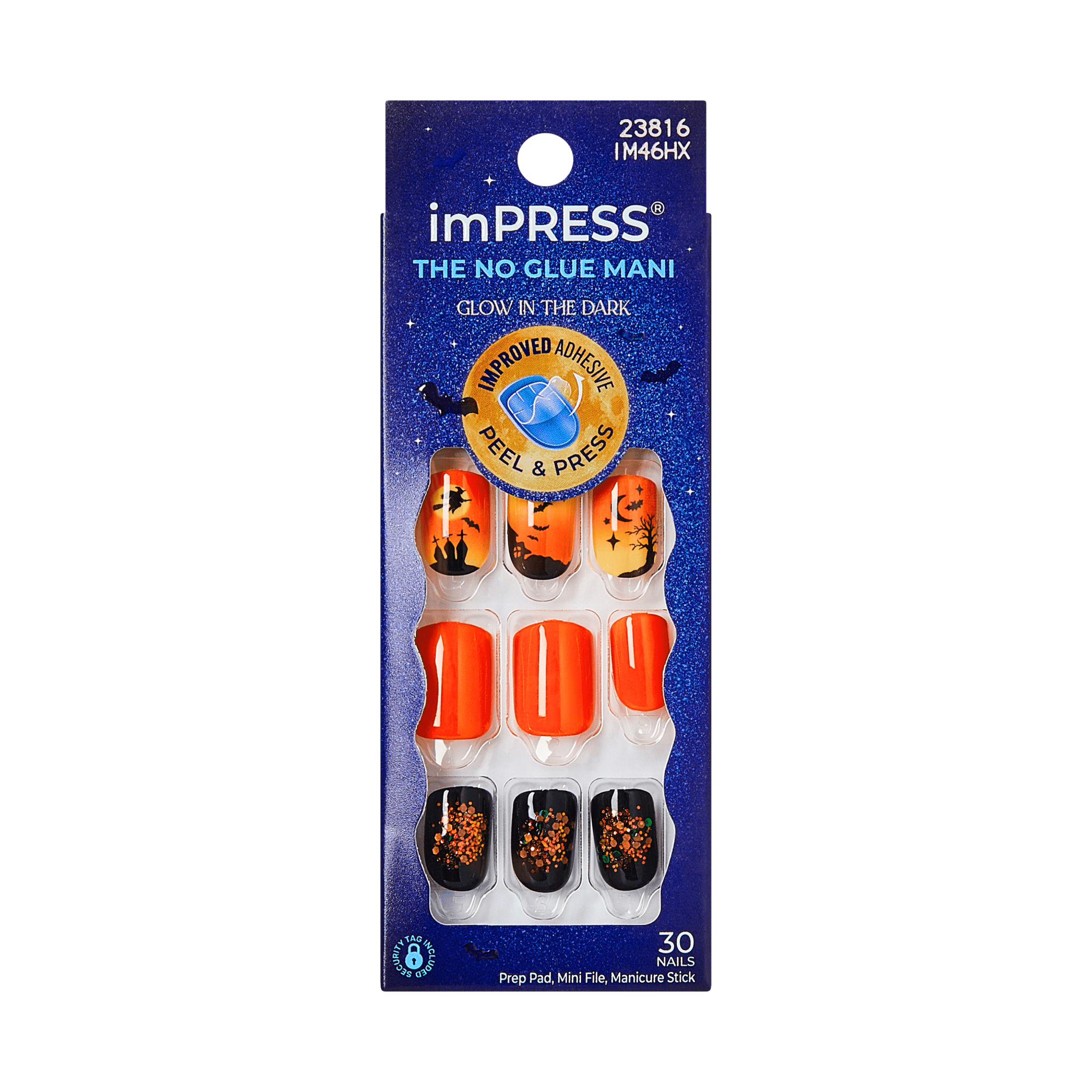 Impress Design Halloween No Glue Fake Press On Nails - Eternal Night | Design, Orange &amp; Black, Short, Squoval, Glow In The Dark, Manicure