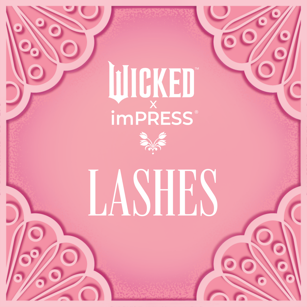 Pink square packaging with decorative cutout patterns in the corners, featuring white text that reads \