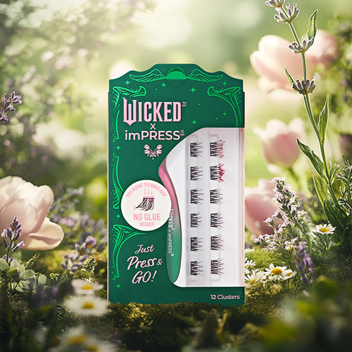 Wicked imPRESS press-on lashes package with 12 clusters displayed among flowers.