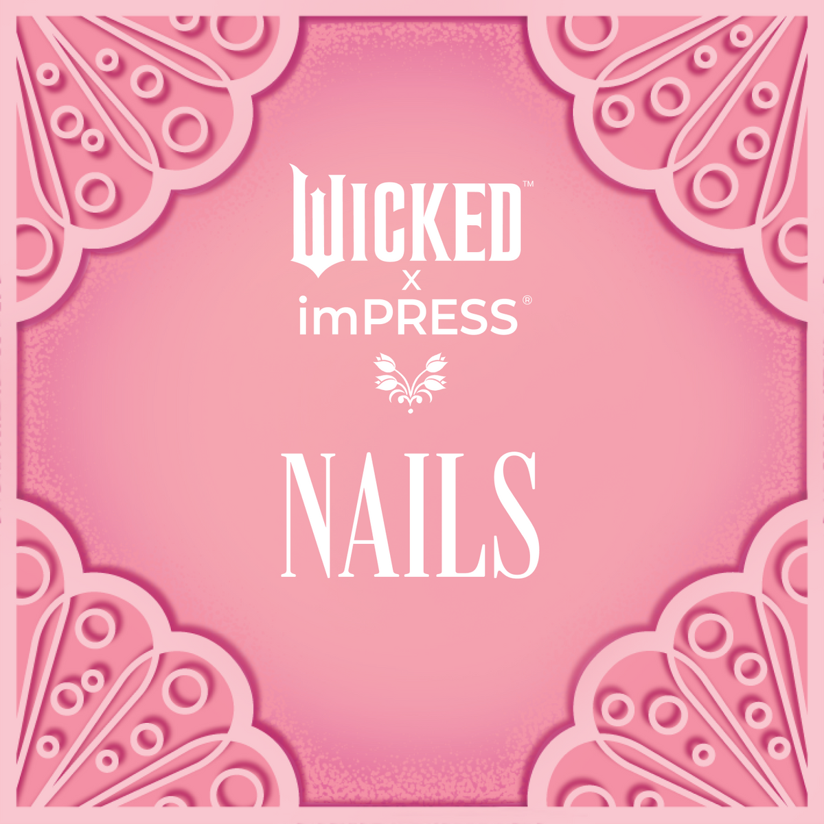 Pink square product packaging with lace-like corner designs, featuring white text that reads \
