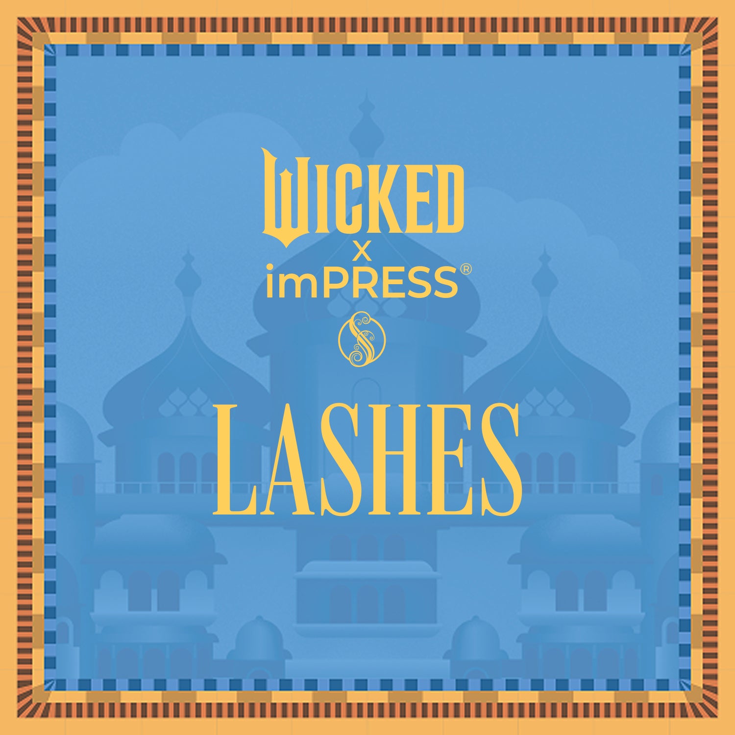 Wicked x imPRESS Lashes collaboration product packaging with blue palace background