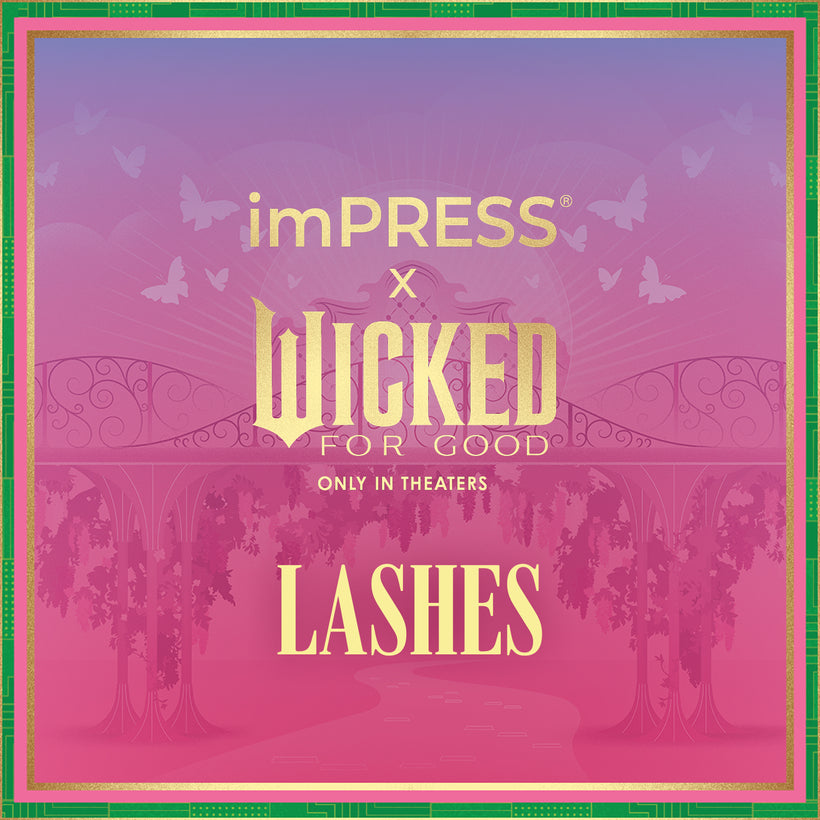imPRESS x Wicked For Good Lashes theatrical poster, pink and gold design.