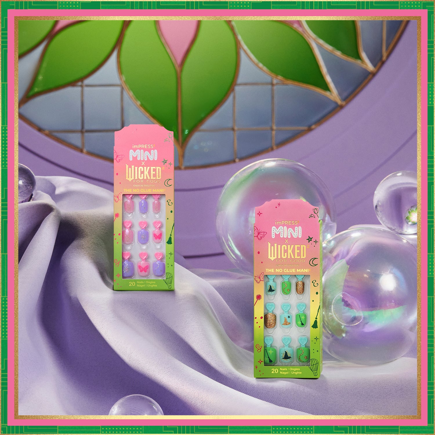 imPRESS Mini Licked nail polish sets displayed in vibrant purple and green botanical setting.