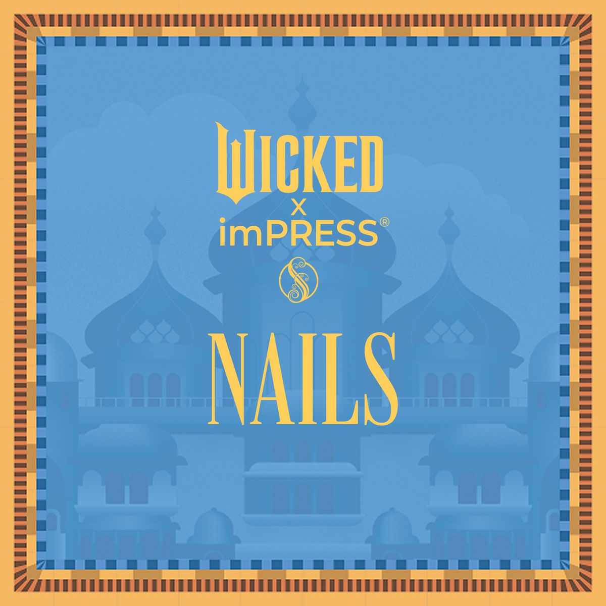 Wicked x imPRESS Nails collaboration product packaging with ornate palace design