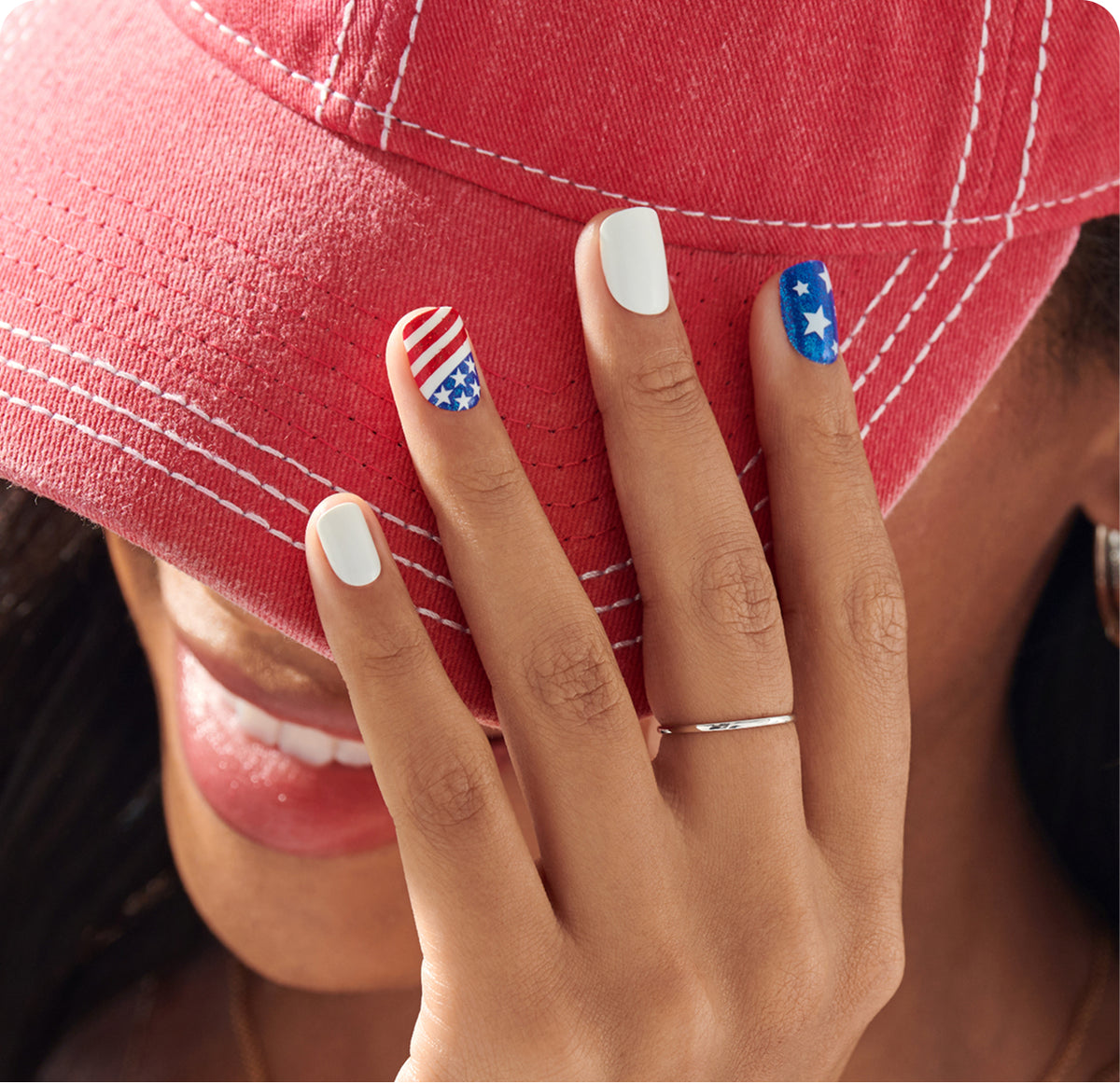 Patriotic nail art with American flag designs on white and blue nails.