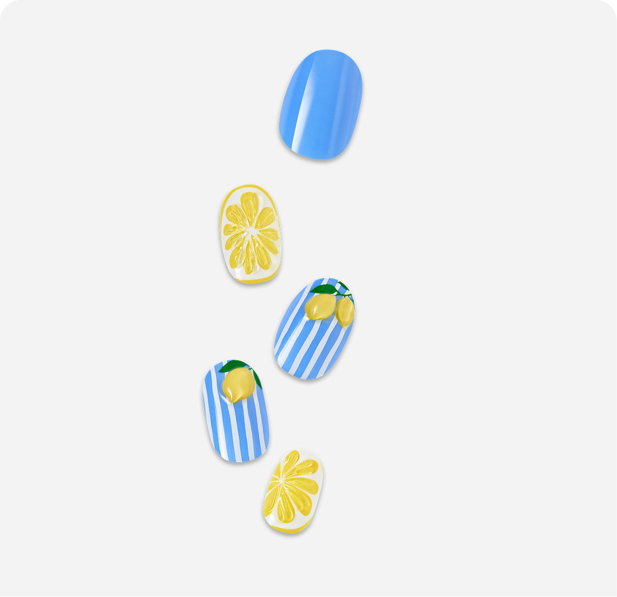 Five nail polish designs featuring blue, lemon, and striped patterns.