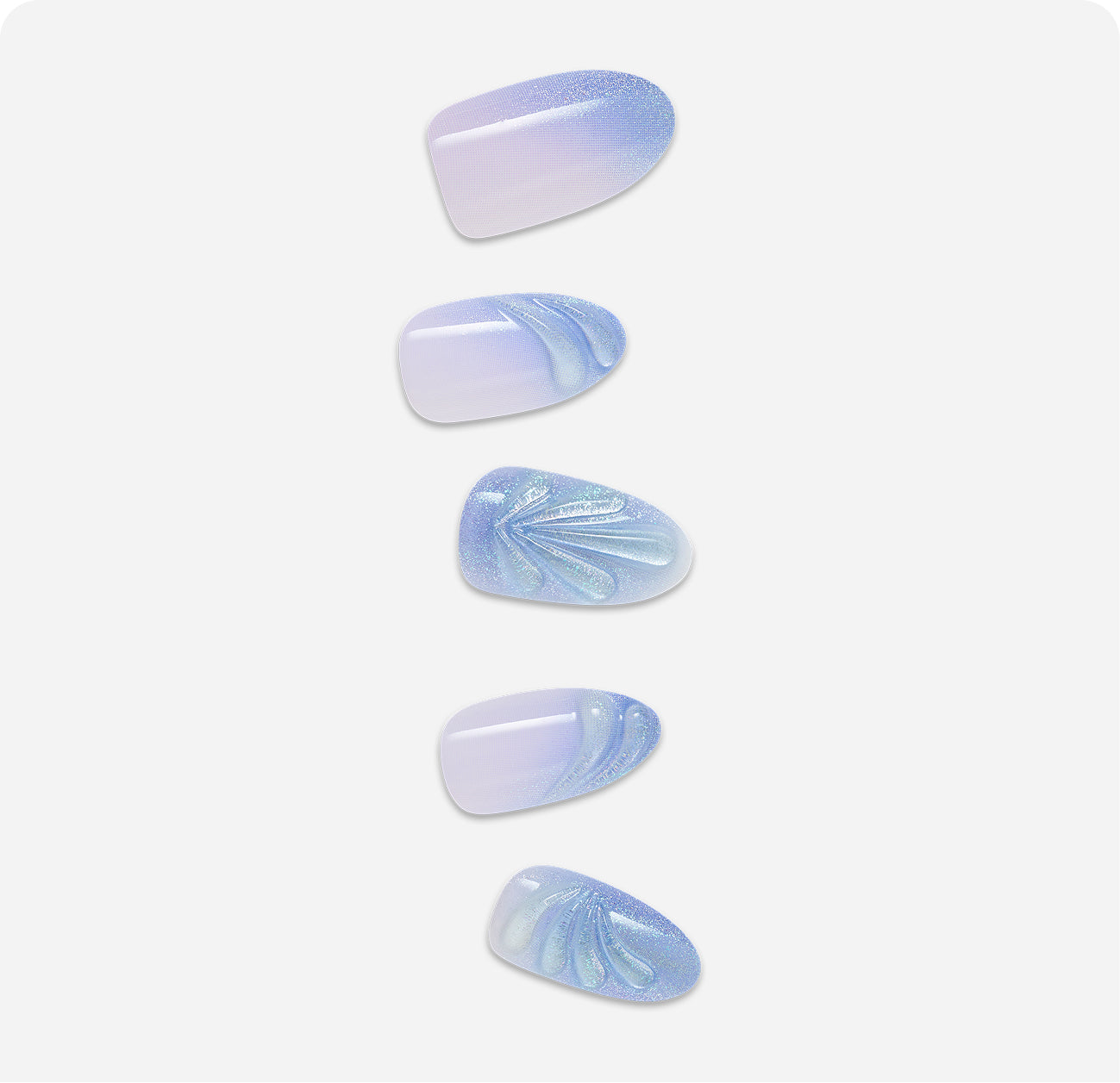 Five oval-shaped press-on nails with lavender gradient and sparkly blue nail art designs.