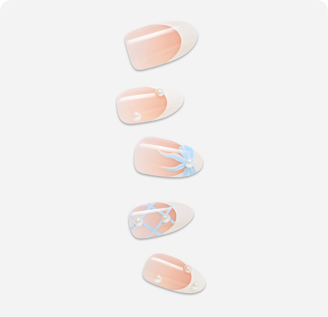 Five nail art designs showing nude polish with white stripes, pearls, and blue ribbon accents.
