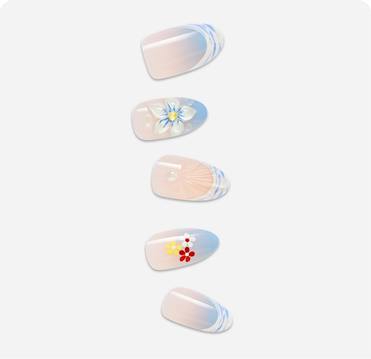 Five almond-shaped nail designs with blue accents, florals, and shell patterns on cream base.