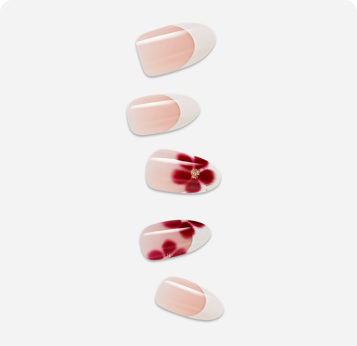 Five oval press-on nails with nude base and burgundy floral designs with rhinestones