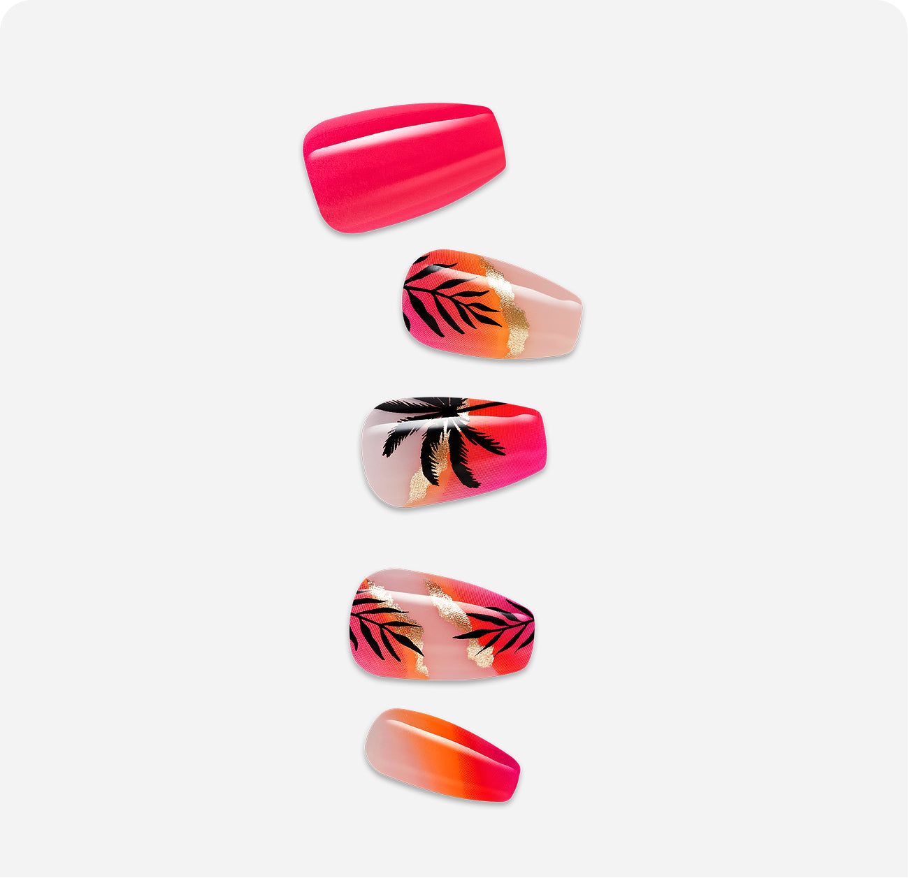Five press-on nails with tropical leaf designs in pink, orange, and gold with black accents.