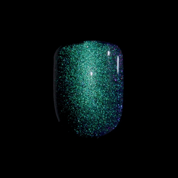 3D imaging of a short, squoval shaped press-on nail in a dark green, mirrored, cat-eye effect. Nail is from &