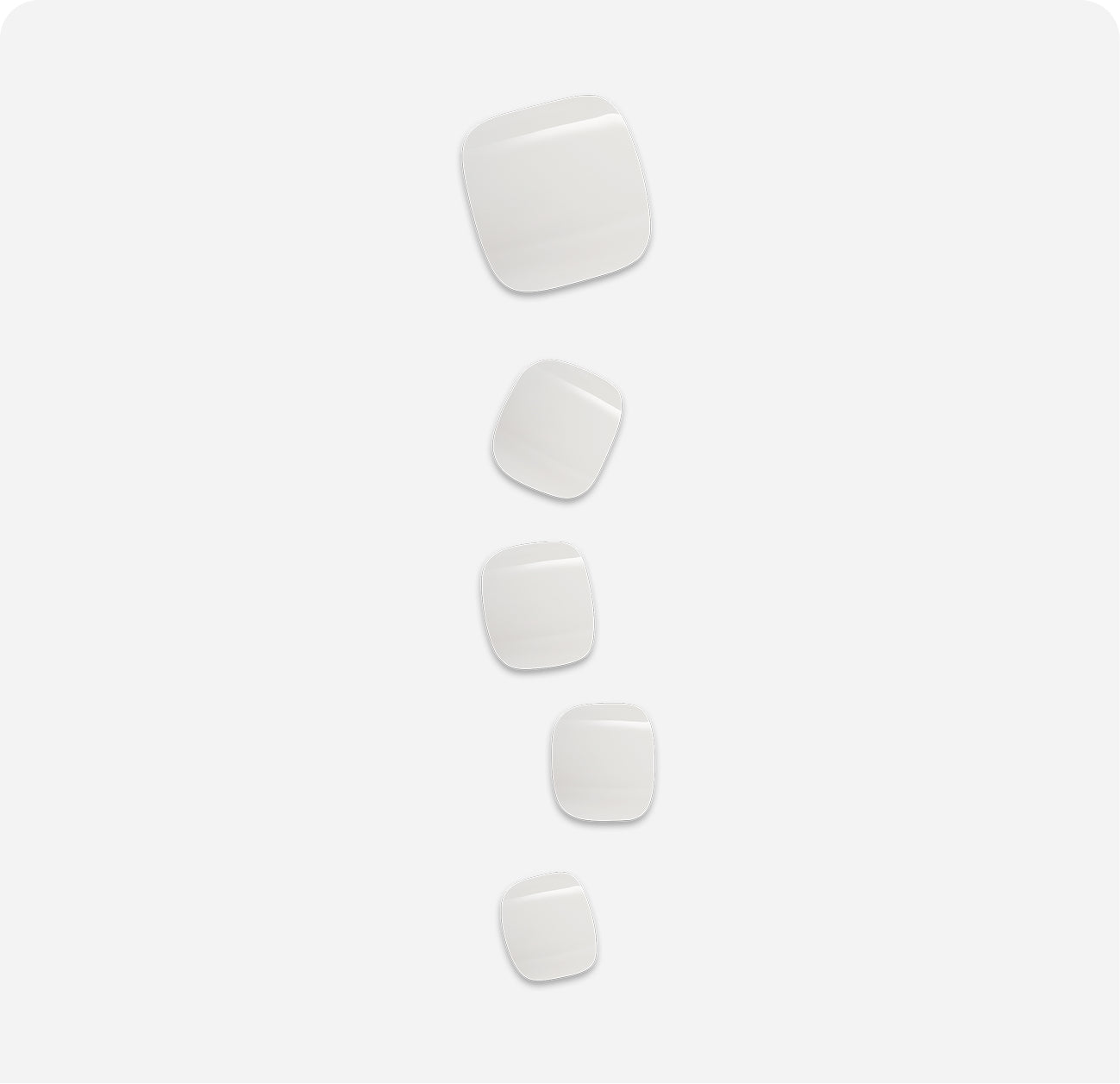 Five white rounded square buttons in descending size order on light background