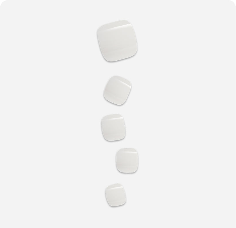 Five white rounded square buttons in descending size order on light background